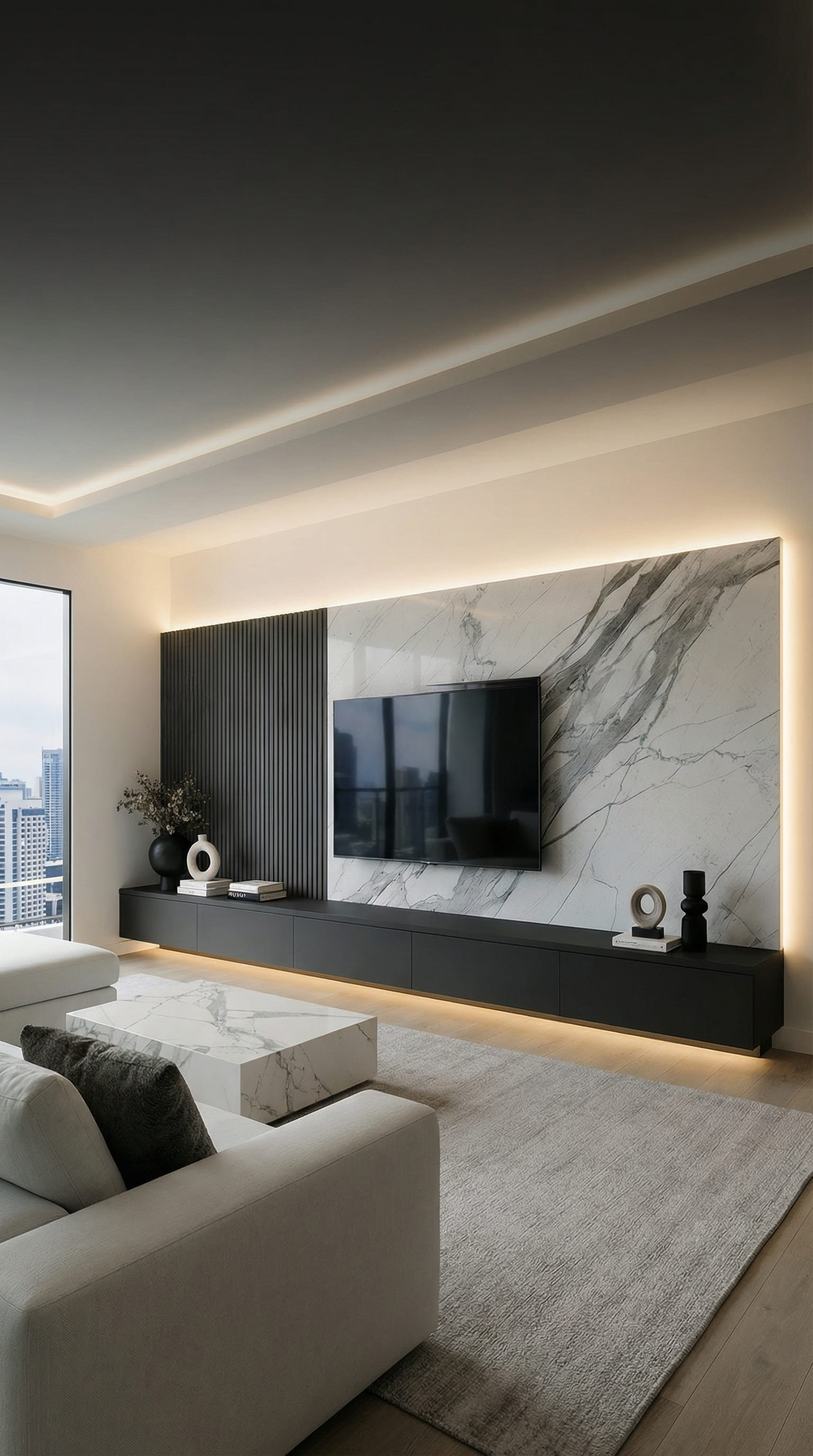 Luxe tv-wand met marmeren paneel en akoestische lamellen