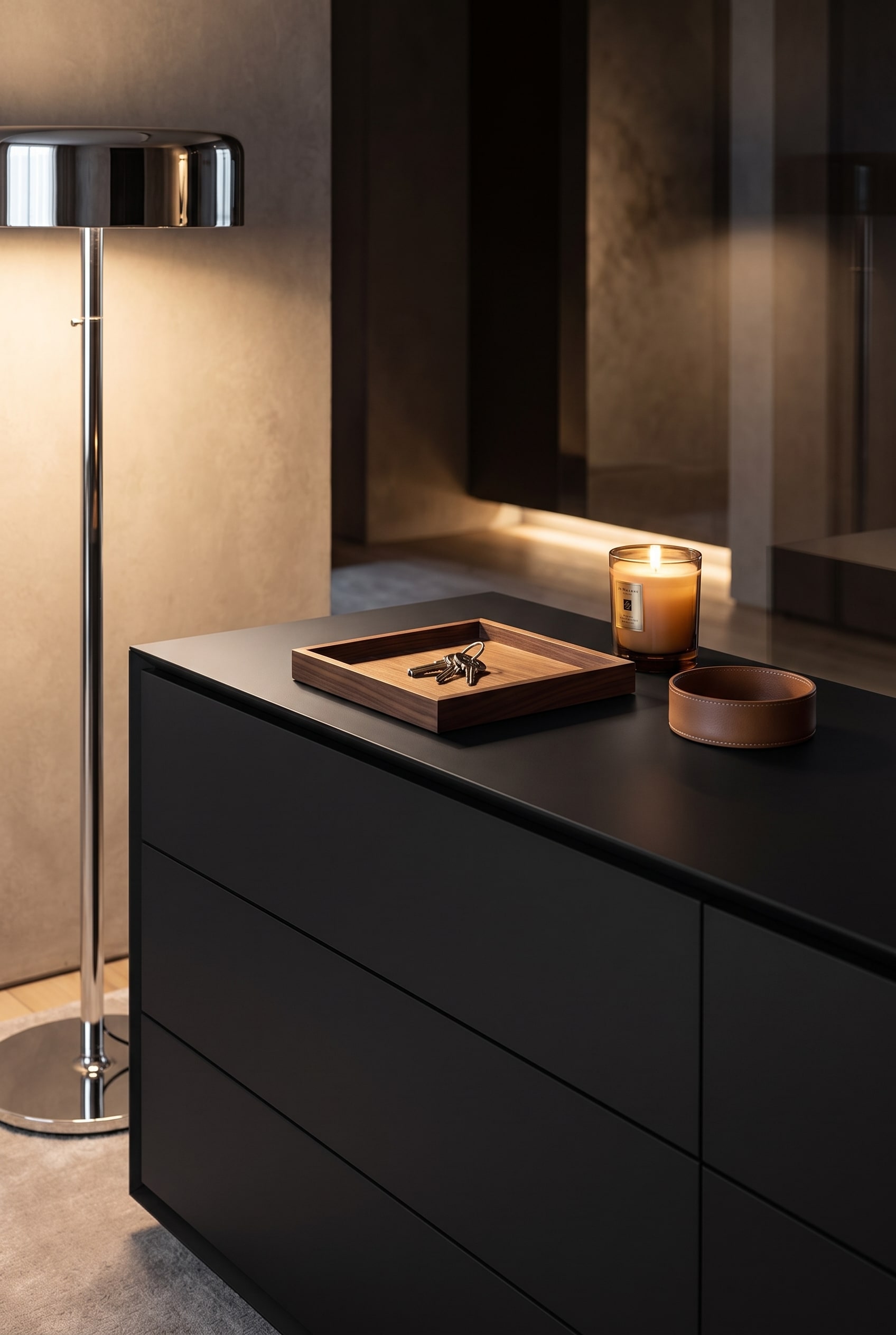 Commode minimaliste noir mat, avec un plateau en bois carr&eacute; contenant des cl&eacute;s, une petite bougie parfum&eacute;e et une coupelle ronde en cuir