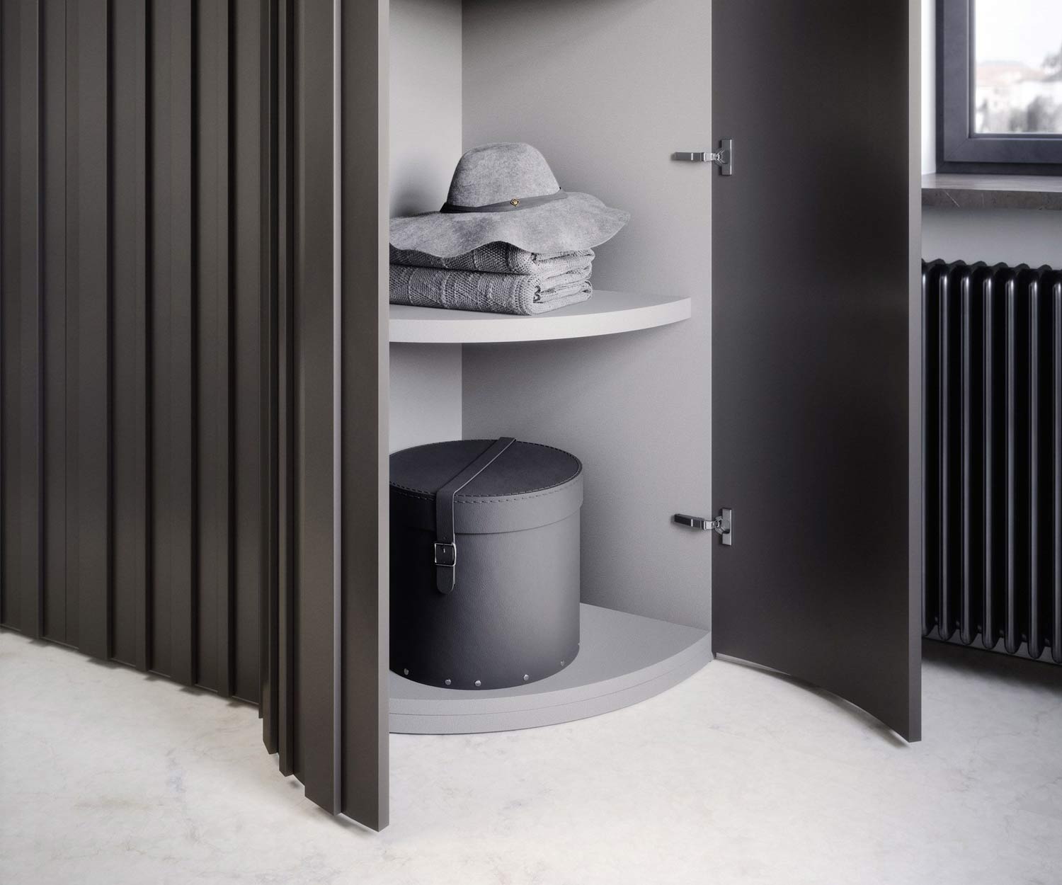 Design kledingkast Alfa Curvo geen hoeken hout donker rustiek modern luxe Design kledingkast Alfa Curvo geen hoeken hout donker rustiek modern luxe