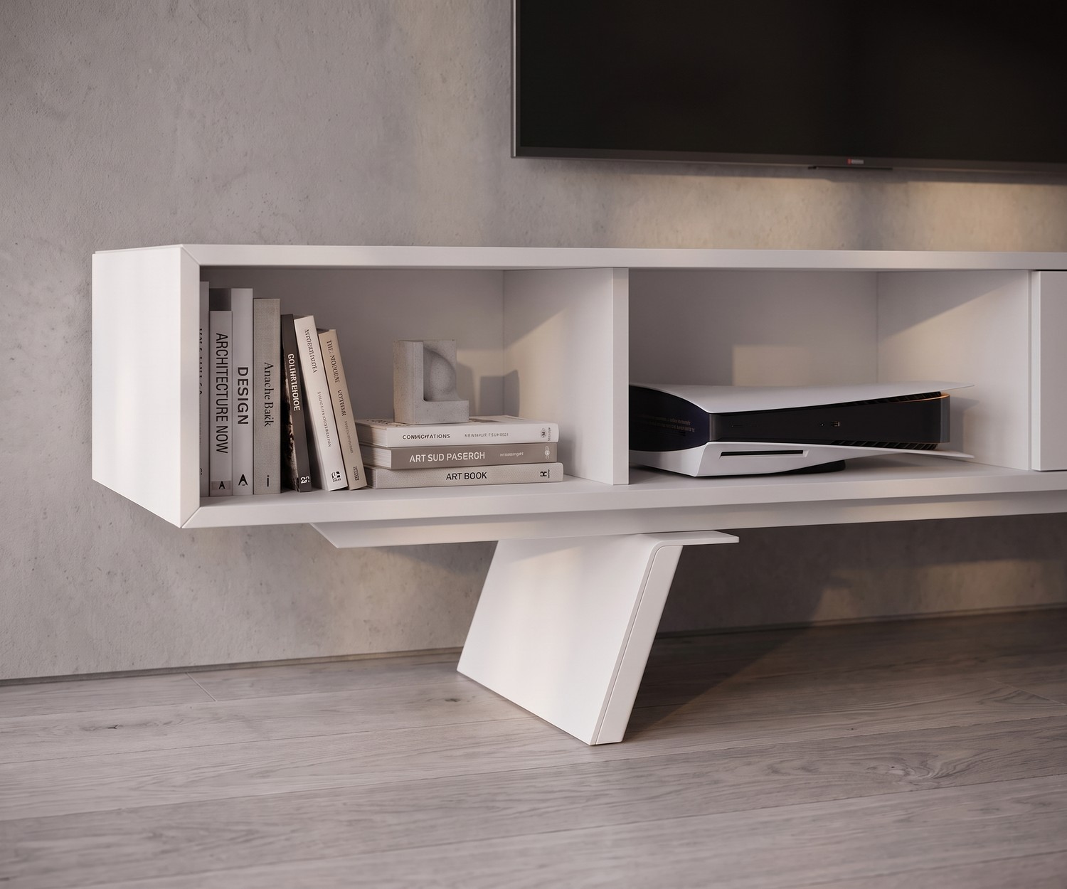 TV-lowboard e-klipse 005 voor de woonkamer. Modern wit design tv-meubel onder een televisie in een licht interieur.