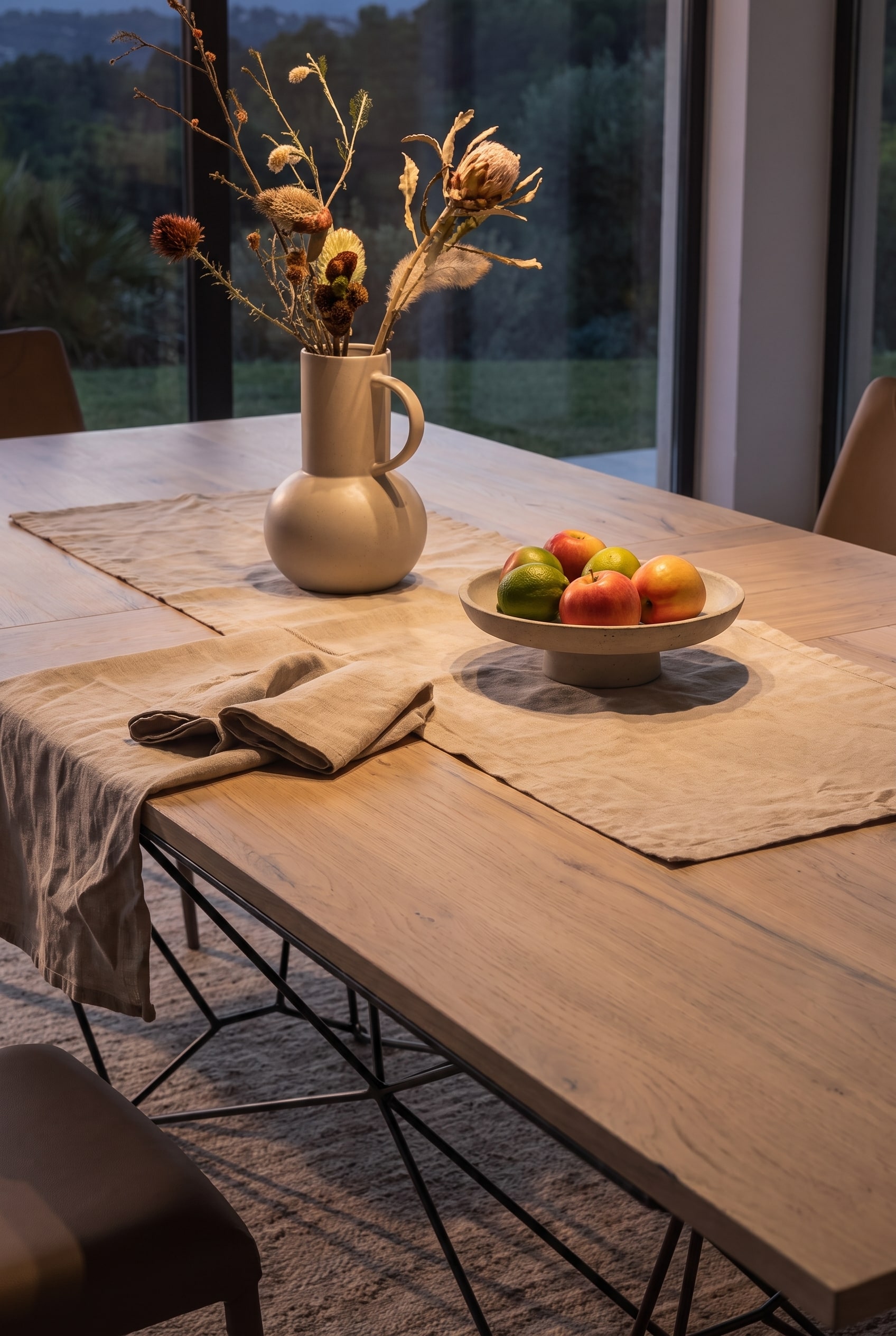 Gros plan sur le grain du bois d'une table &agrave; manger avec chemin de table en lin, vase en c&eacute;ramique et coupe &agrave; fruits.