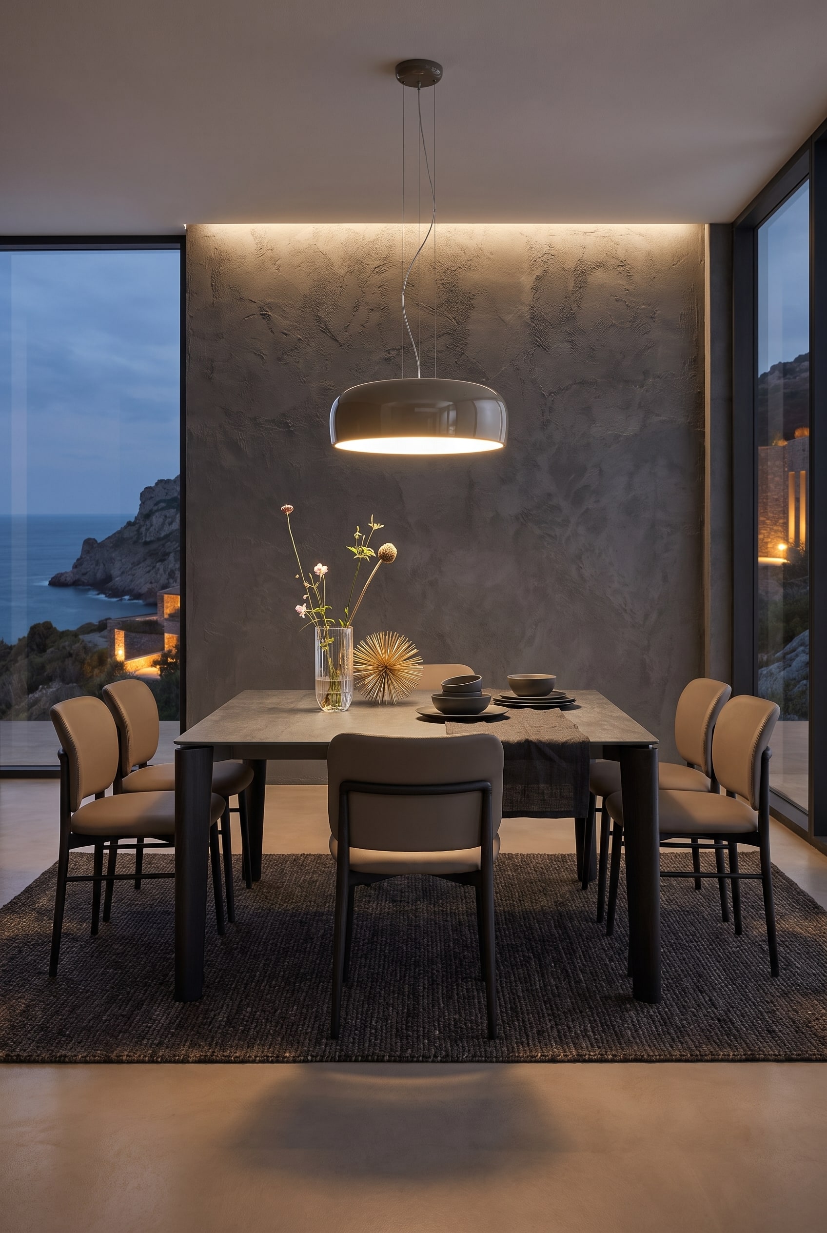 Une salle &agrave; manger &eacute;l&eacute;gante et monochrome, o&ugrave; des chaises rembourr&eacute;es cr&eacute;ent un doux contraste haptique avec la table &agrave; manger lisse et sombre.