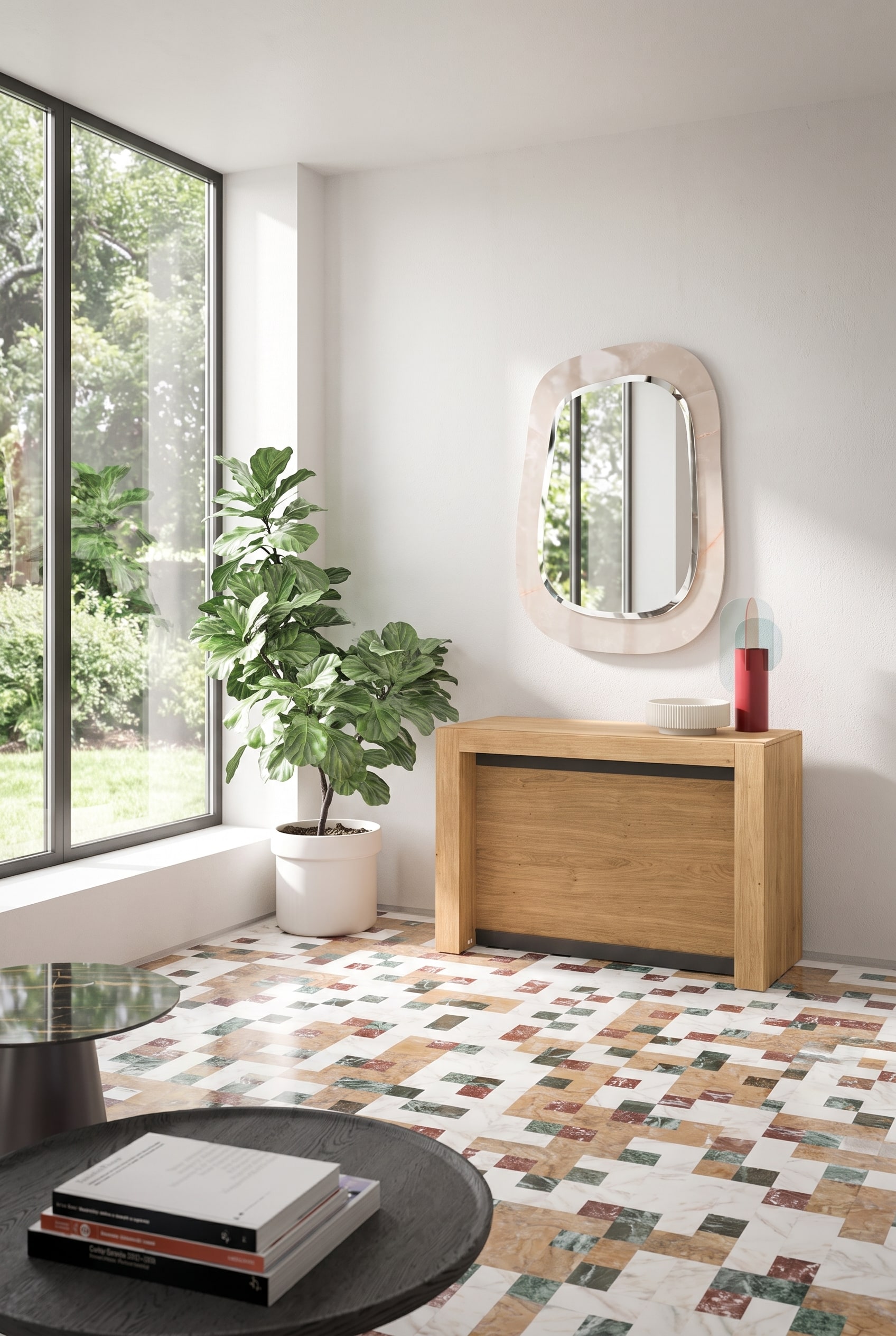 Pièce lumineuse avec une table console en bois fermée contre le mur devant un sol en pierre à motifs