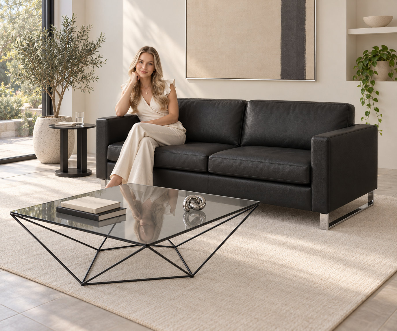 Livitalia Canapé Vinaro, 206 × 91 cm, Seminole 04 Noir, cuir véritable, piètement chromé – Vue en biais avec Mira Celini Livitalia Canapé Vinaro, 206 × 91 cm, Seminole 04 Noir, cuir véritable, piètement chromé – Vue en biais avec Mira Celini
