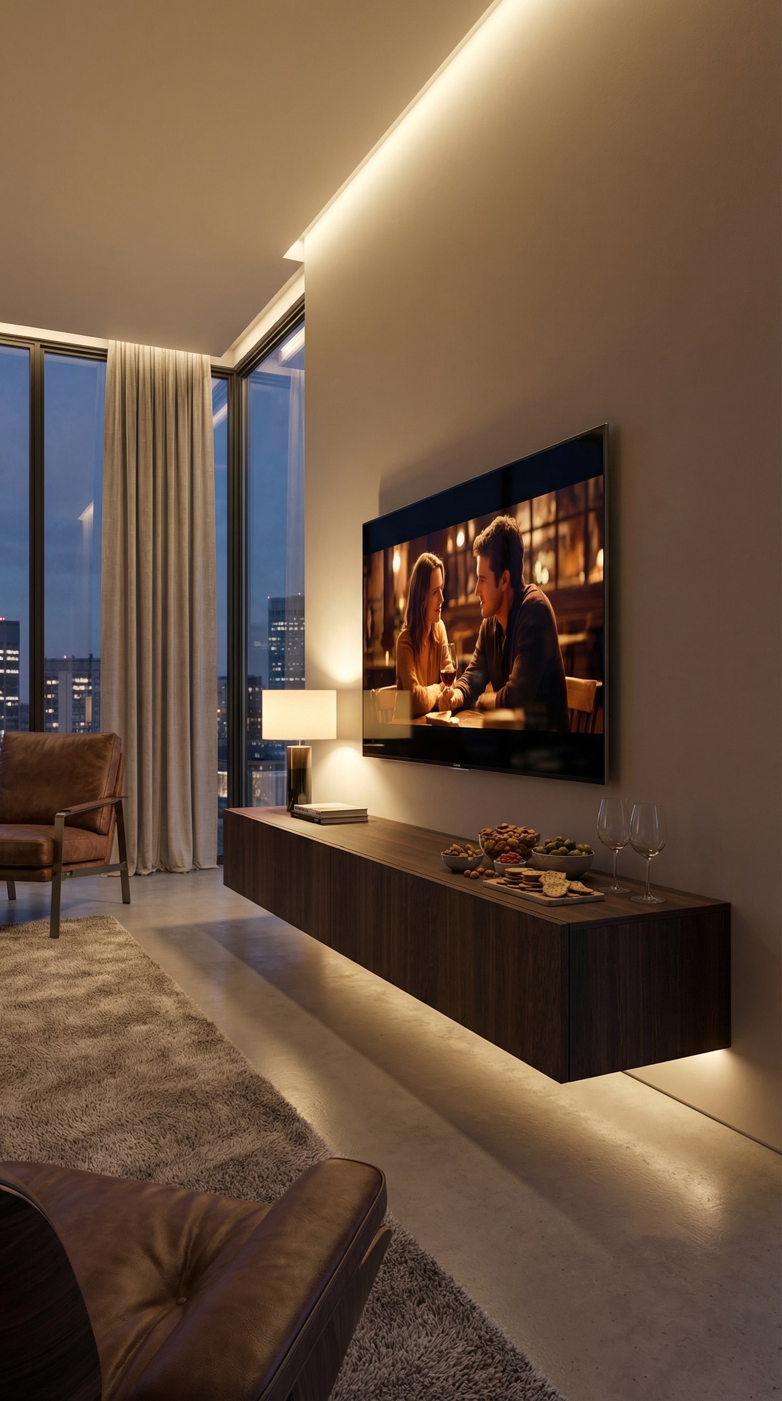 Long lowboard en chêne brun foncé, flottant élégamment au mur, dans un salon stylé. Long lowboard en chêne brun foncé, flottant élégamment au mur, dans un salon stylé.