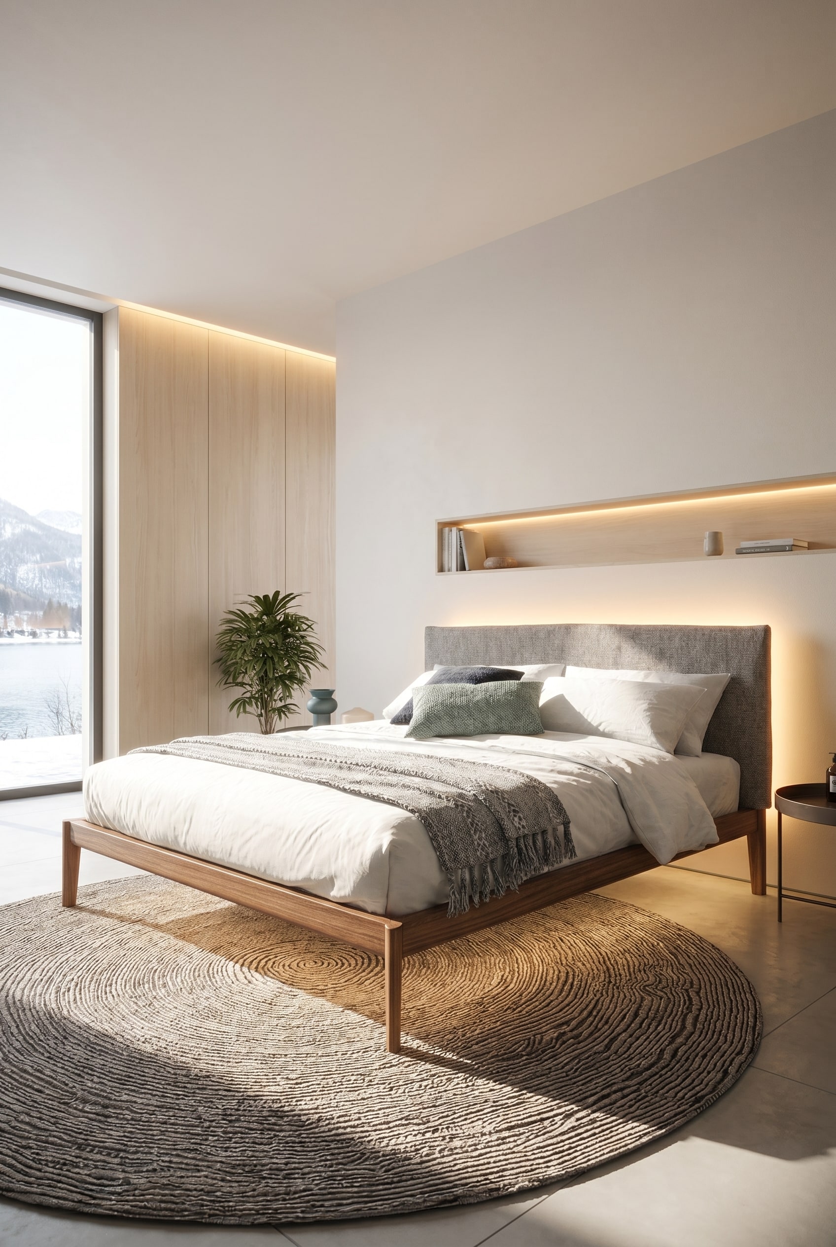 Chambre scandinave lumineuse avec le lit Neos en bois naturel et un cadre en bois &eacute;clair&eacute; par une lumi&egrave;re chaude