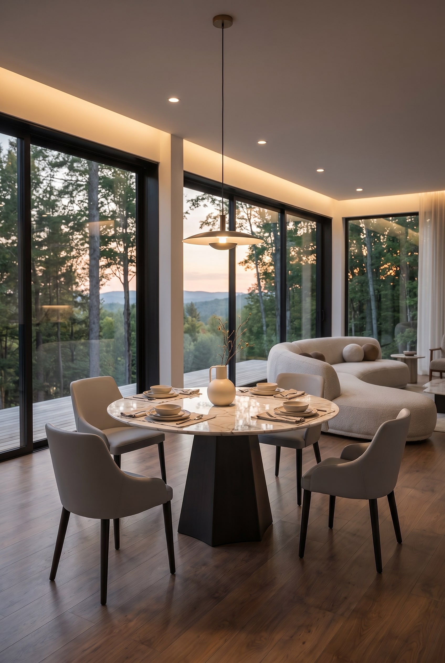 Salle à manger moderne avec table à manger en céramique facettée Poliedro, quatre chaises modernes et un style de table discret à la lumière du jour