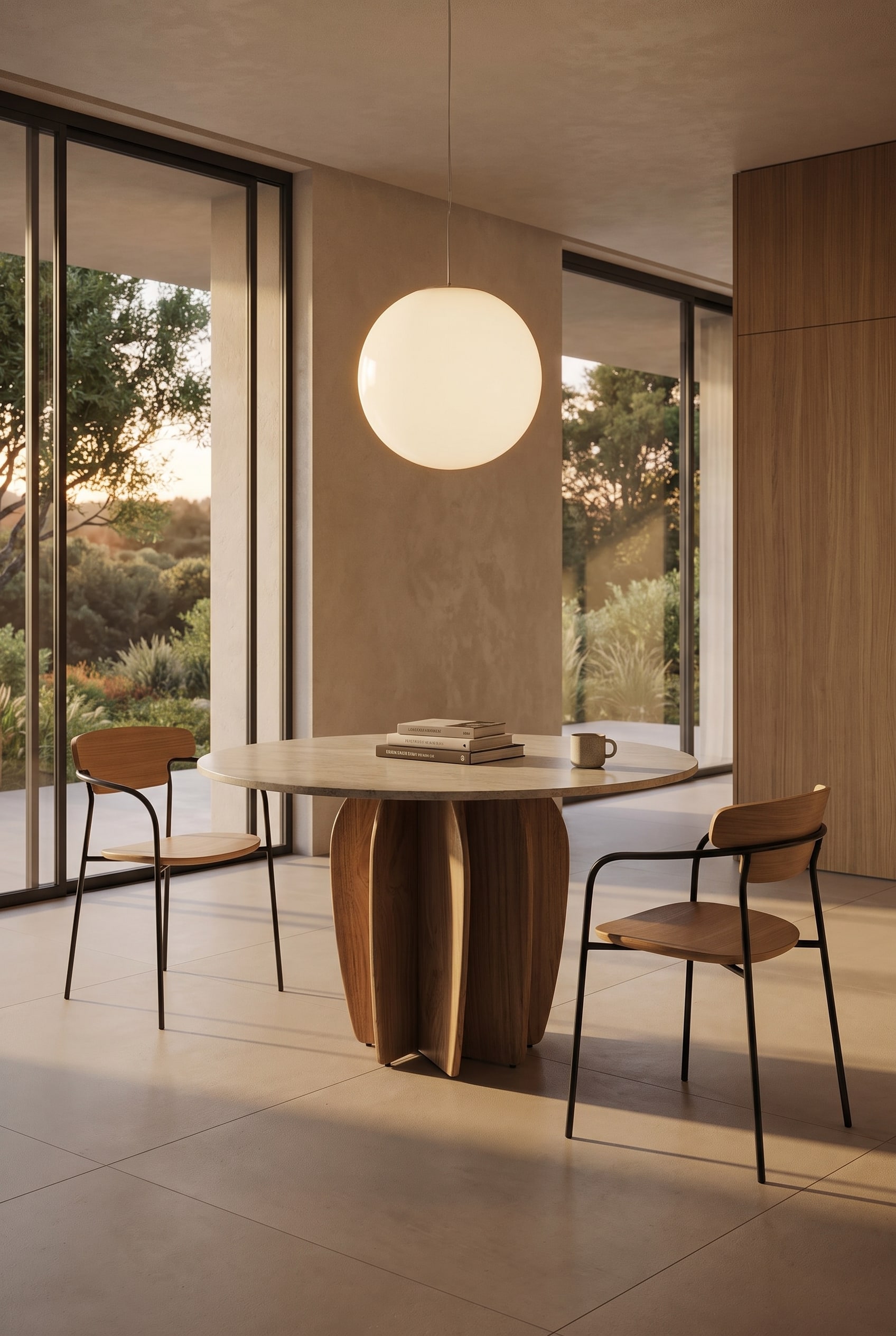 Un espace repas lumineux avec une table à manger massive et linéaire, élégamment complétée par des chaises en bois modernes aux dossiers doucement incurvés et organiques.