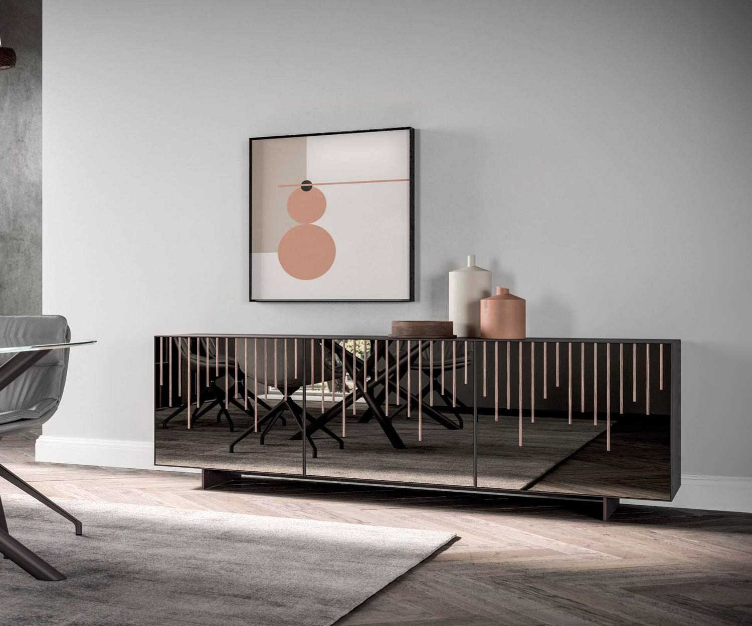 Buffet design avec miroir verre front fumé Buffet design avec miroir verre front fumé