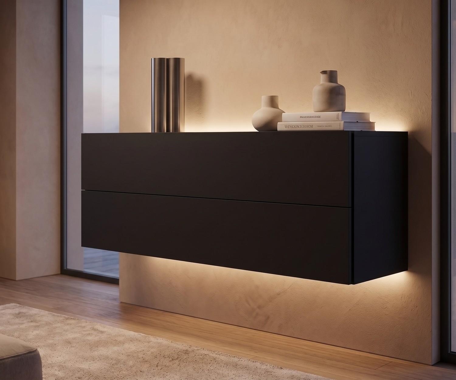 Commode suspendue noire Novamobili Easy avec LED Commode suspendue Easy de Novamobili noire, buffet mural moderne avec éclairage LED dans un salon au style minimaliste.