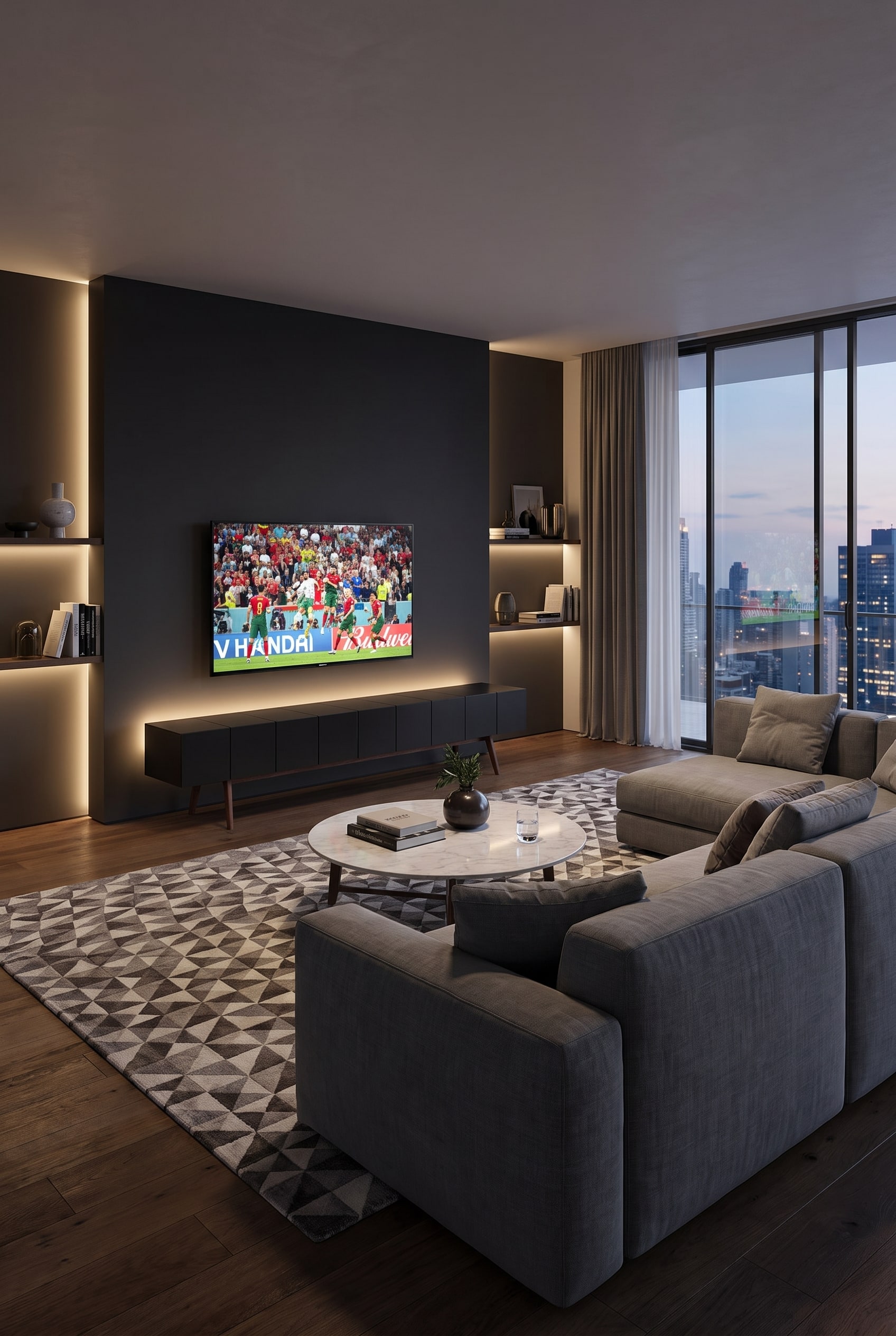 Salon minimaliste avec un lowboard al2 MOS-I-KO 005 B allong&eacute;, technologie cach&eacute;e, t&eacute;l&eacute;vision et &eacute;clairage d'ambiance LED doux