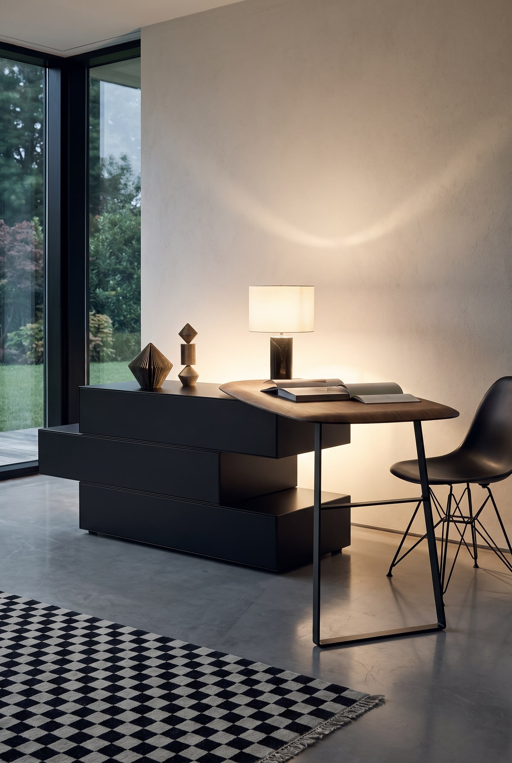 Commode noir mat avec bureau int&eacute;gr&eacute; dans un bureau &agrave; domicile rang&eacute; devant un mur clair