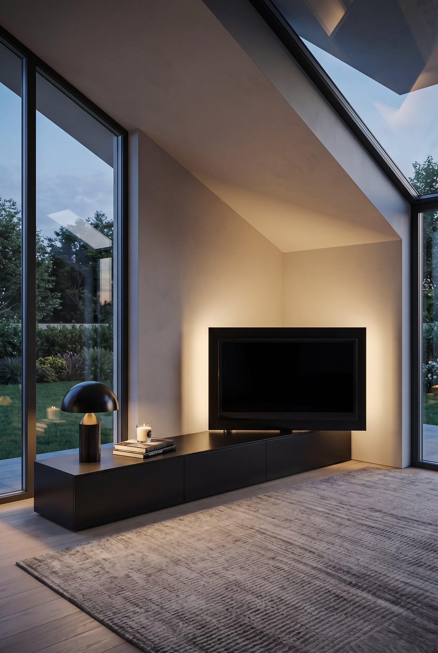 Salon sous les combles avec un meuble bas TV noir au ras du sol et un écran plat orienté