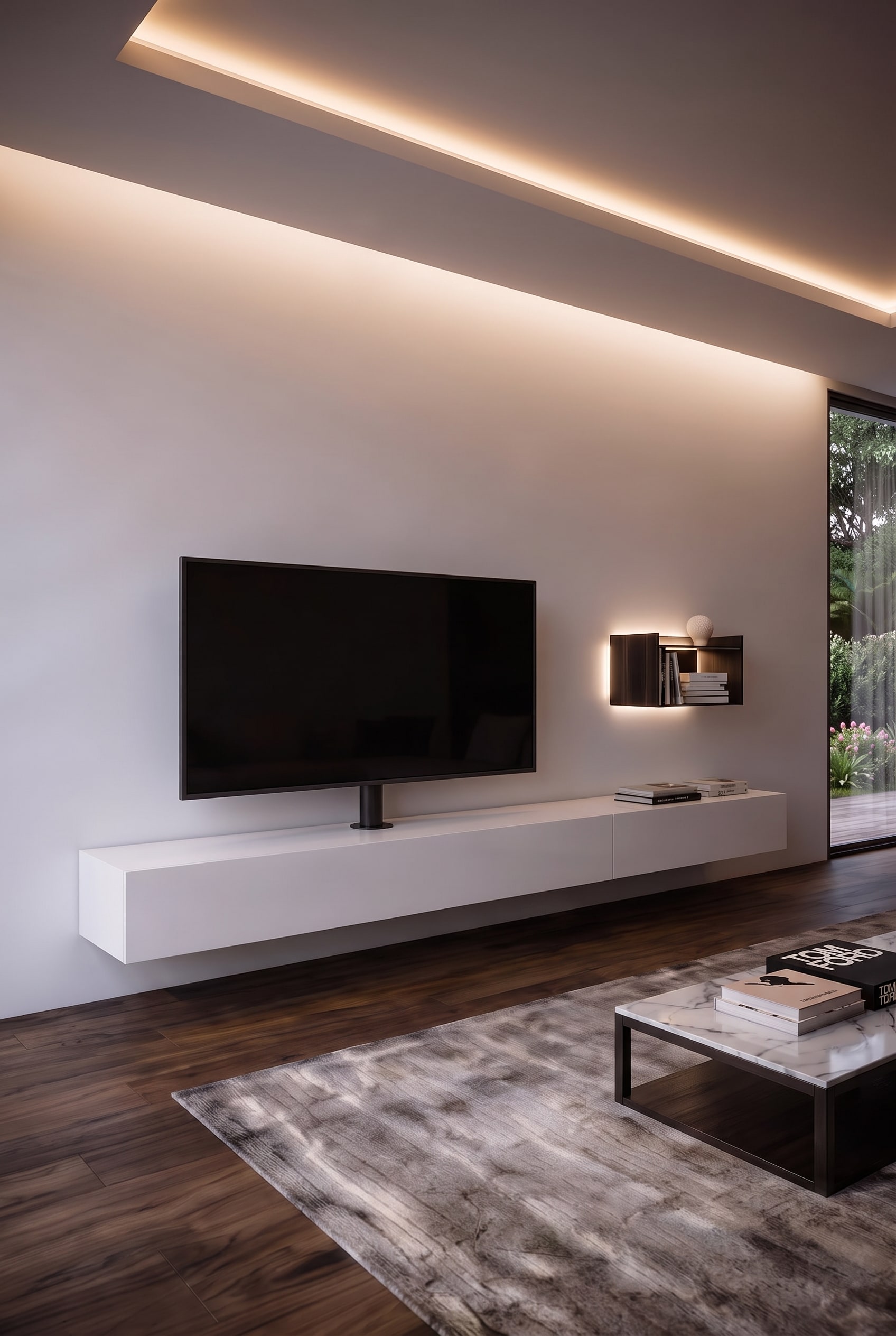 Salon moderne avec télévision flottante sur un support au-dessus d'un meuble bas et un livre d'art plat au centre