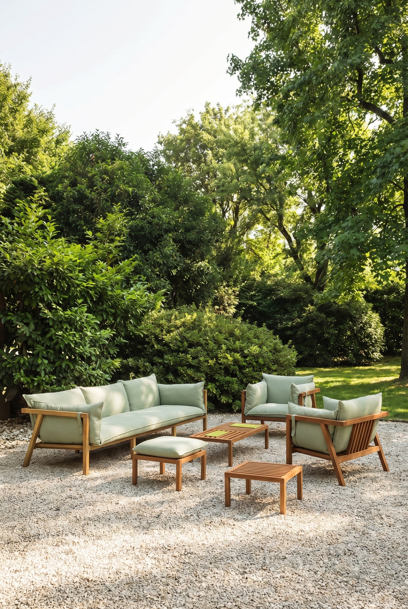 Salon d'extérieur moderne en bois avec des coussins épais à séchage rapide sur une terrasse ensoleillée Salon d'extérieur moderne en bois avec des coussins épais à séchage rapide sur une terrasse ensoleillée