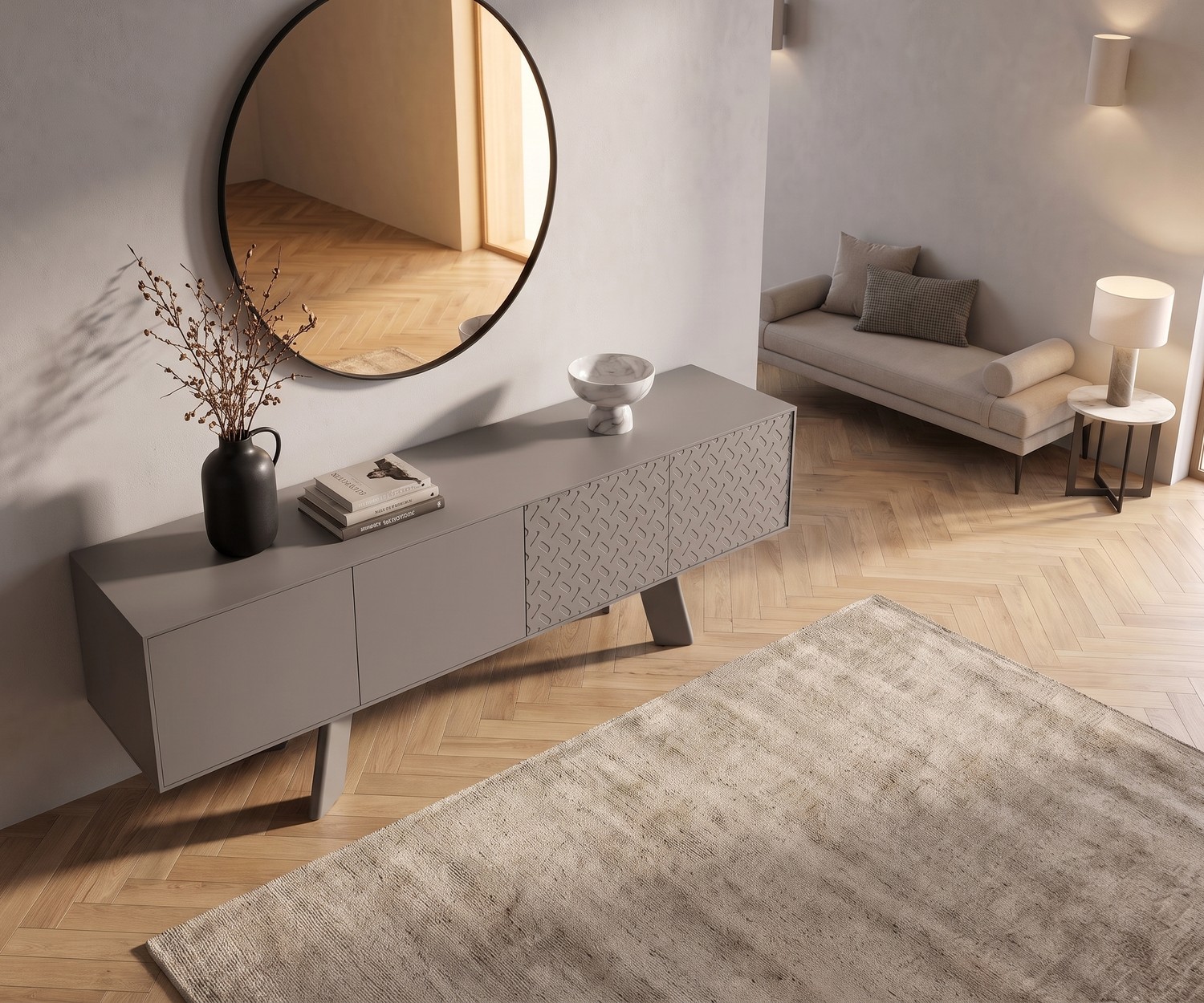 Buffet design gris al2 Alhambra 003 Buffet design Alhambra 003 pour le salon, meuble de rangement gris moderne avec portes texturées, parquet et miroir.