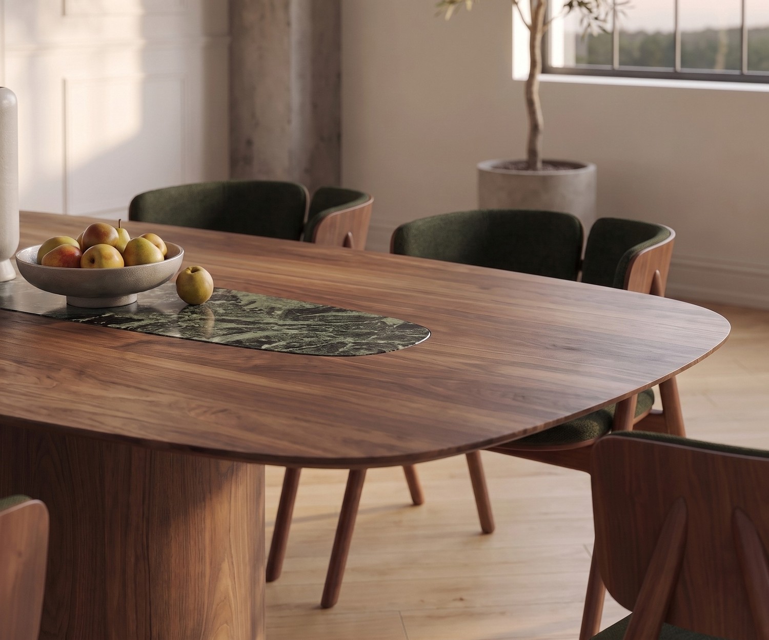 Eettafel al2 el-it c 001 met donker keramisch blad en houten onderstel in een minimalistische, lichte eetkamer.