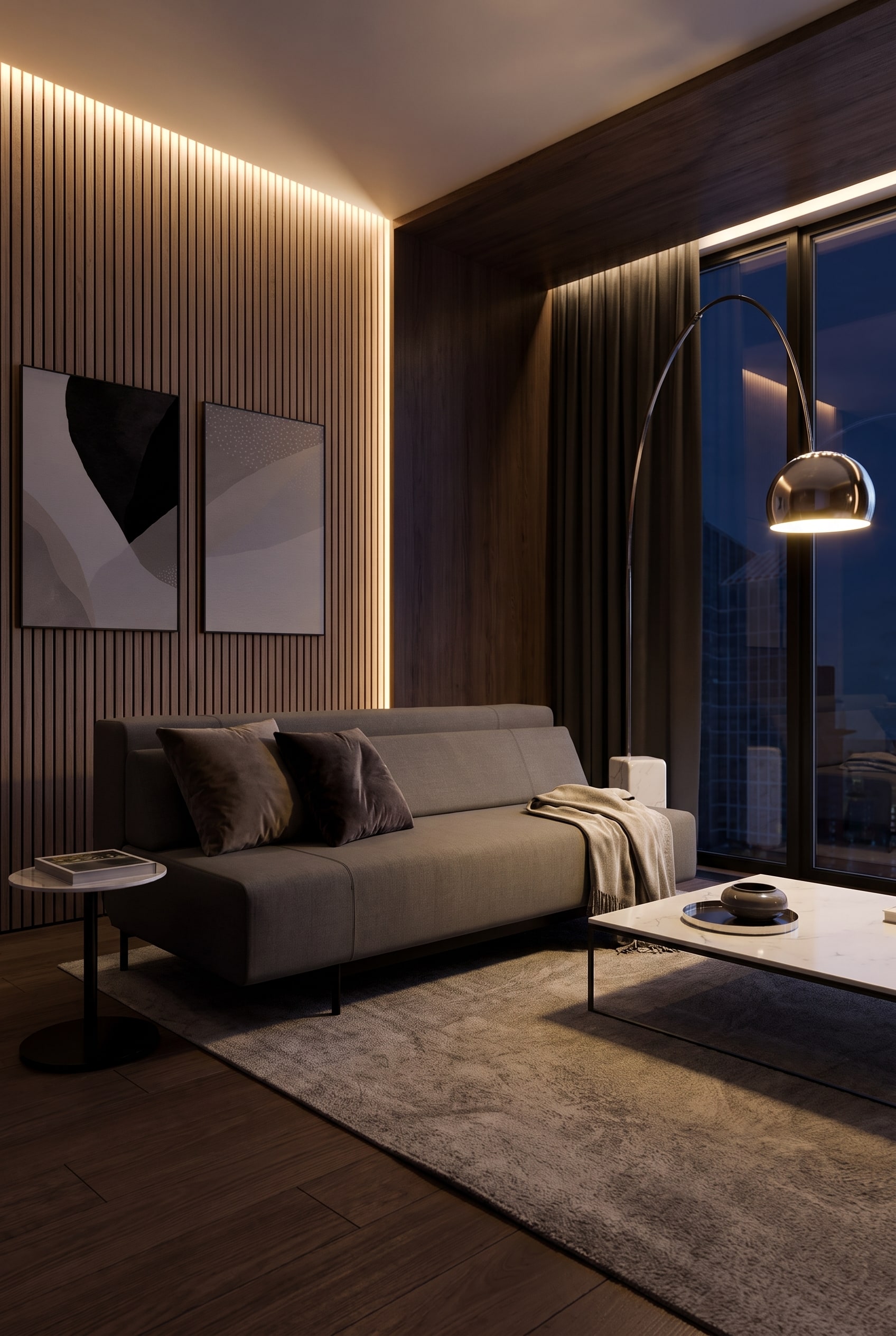 Elegantes Wohnzimmer mit einem modernen, ausgeklappten Schlafsofa in dezentem Grau, bereit für Übernachtungsgäste