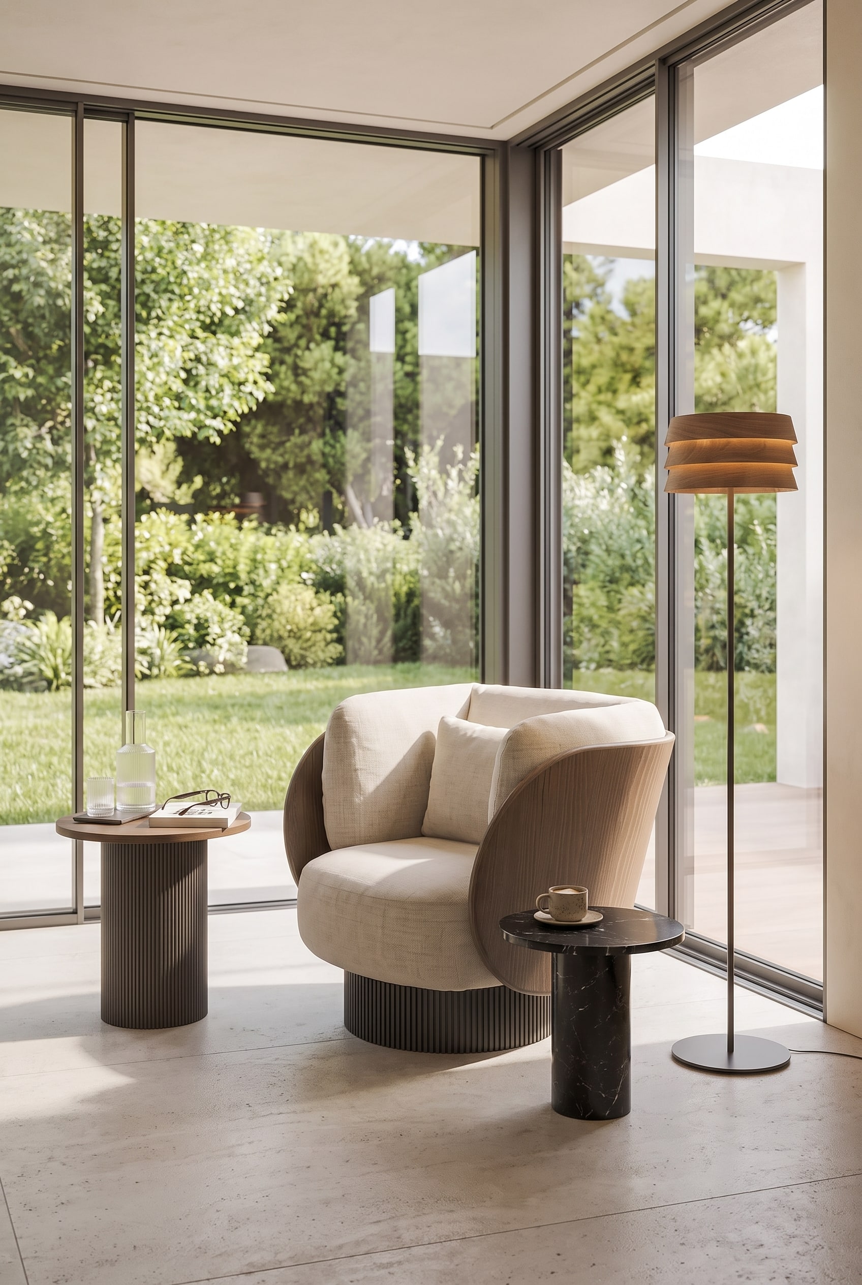Salon lumineux avec un &eacute;l&eacute;gant fauteuil pivotant en tissu et bois devant des fen&ecirc;tres pleine hauteur