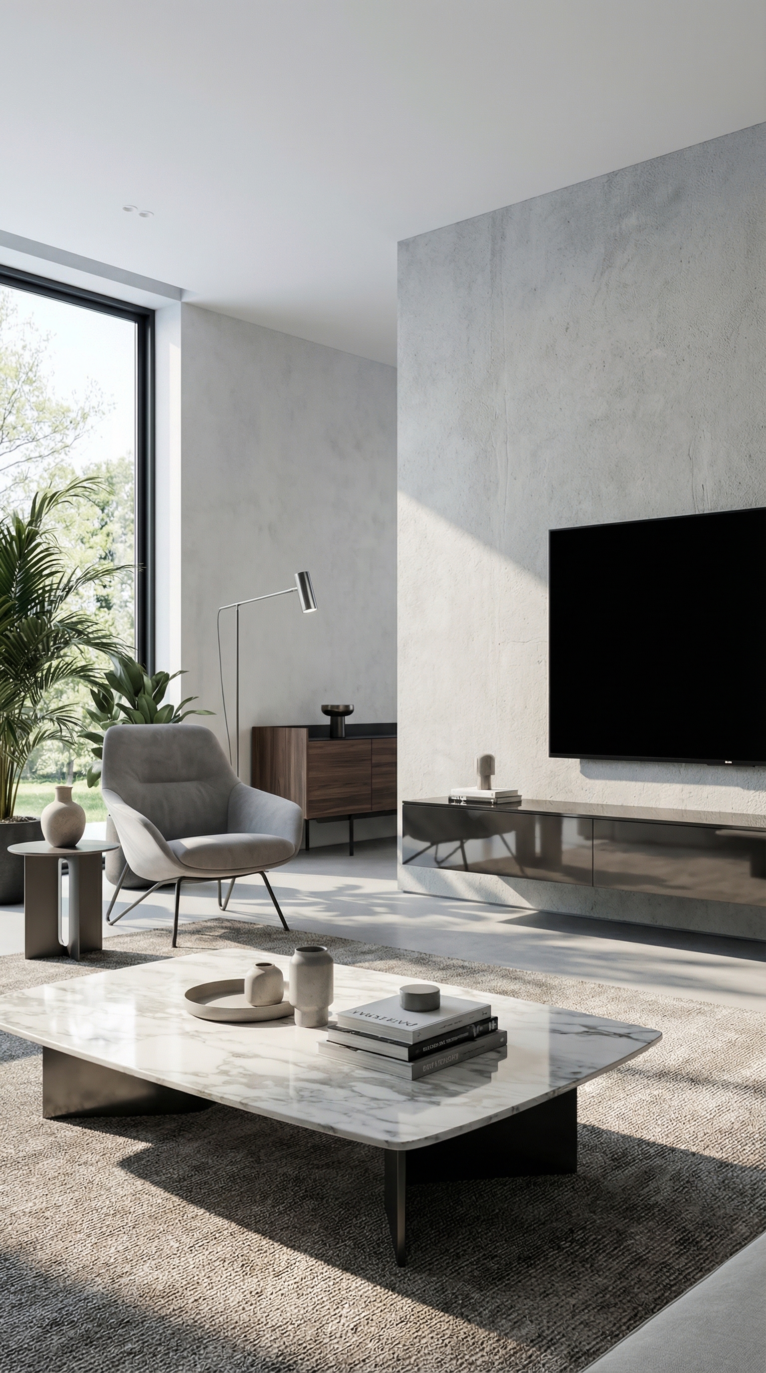 Lowboard noir brillant suspendu dans un salon minimaliste avec un mur en b&eacute;ton clair