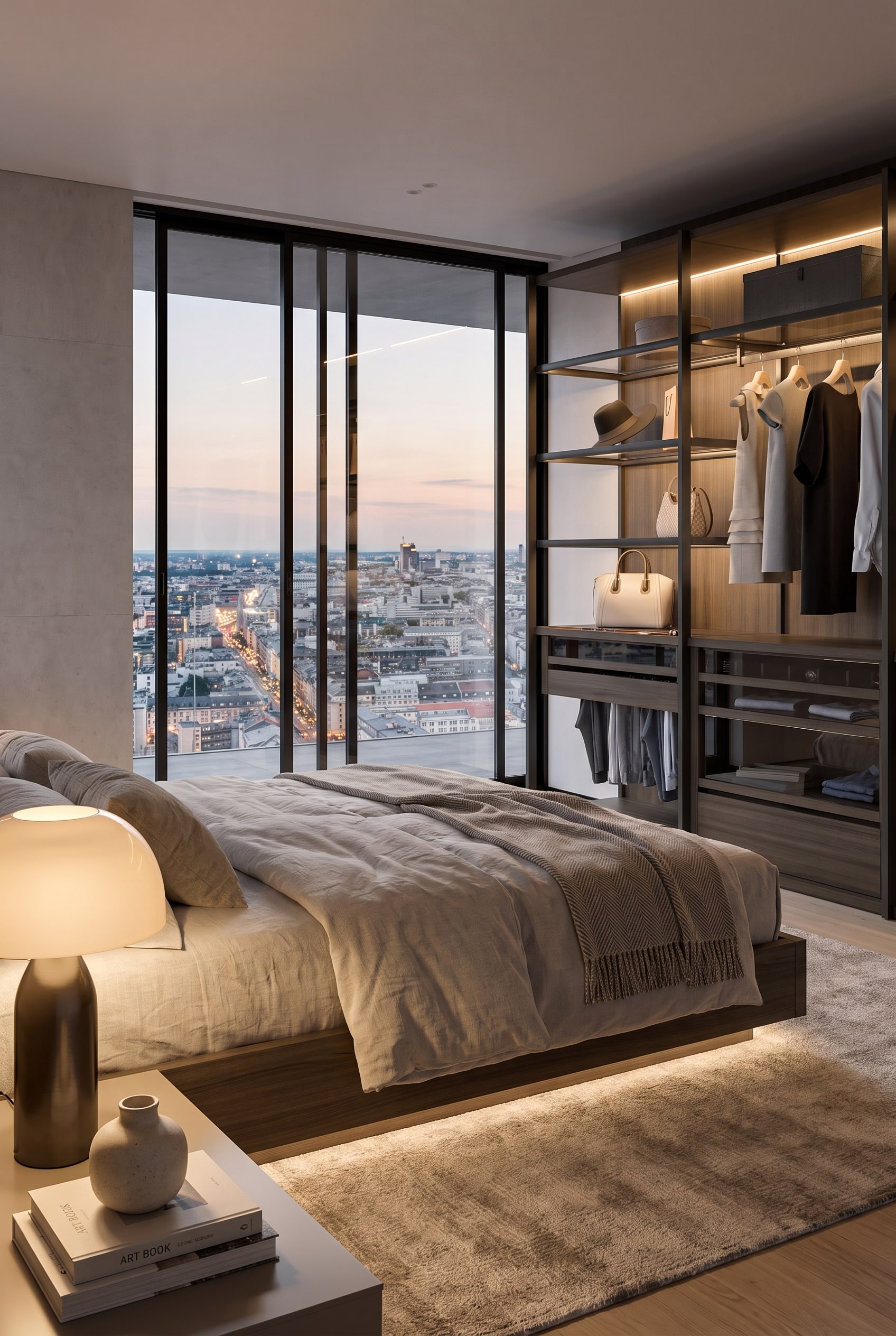 Blick über ein modernes Bett auf ein seitlich stehendes Ankleidesystem bei abendlicher Beleuchtung mit Stadtpanorama im Hintergrund.