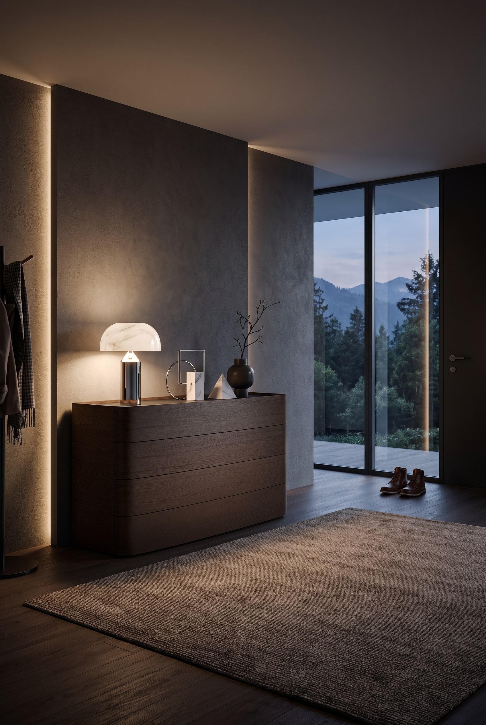Moderner dunkler Flur mit Holzkommode Moderner dunkler Flur mit Holzkommode