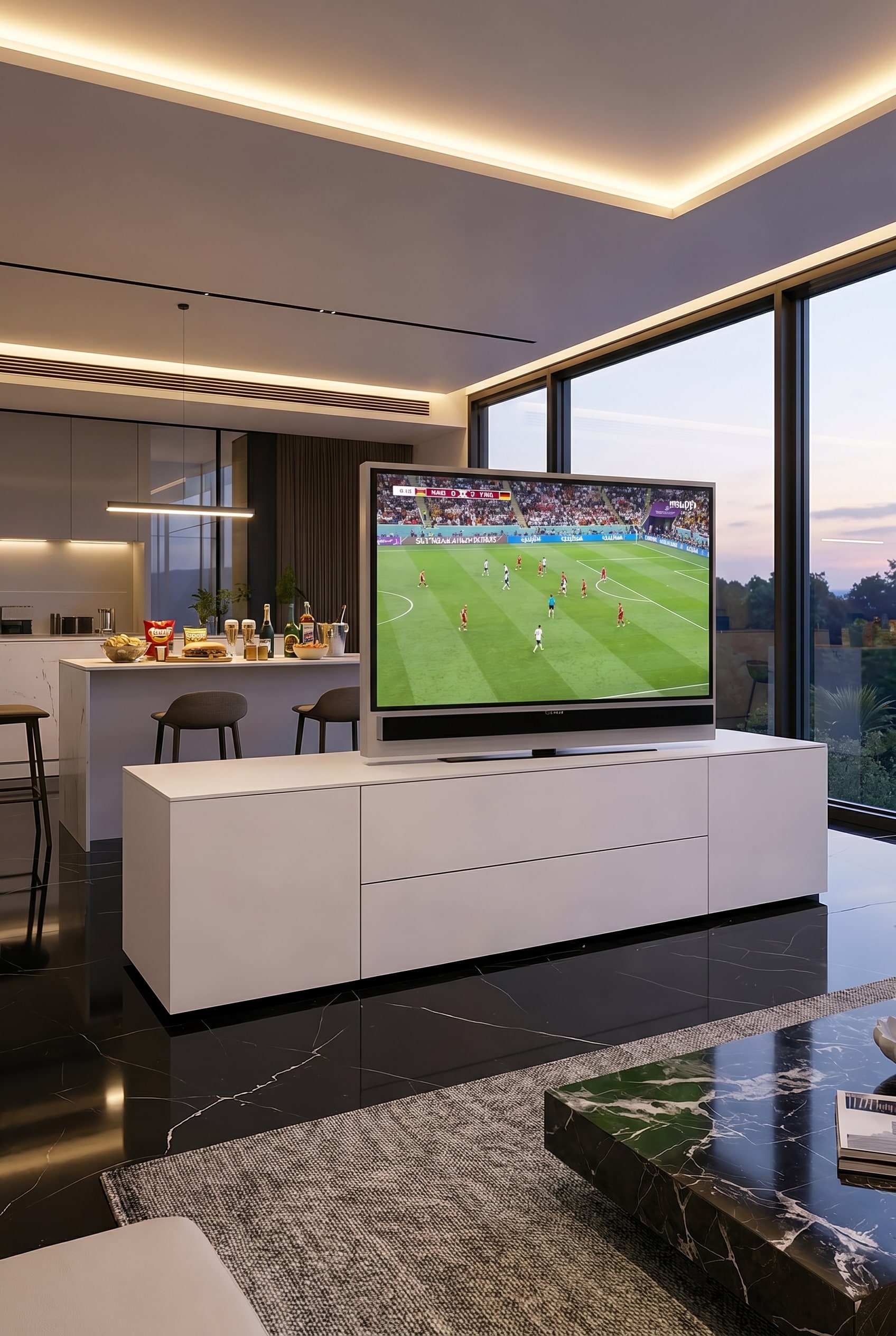 Séparateur de pièce autoportant avec un panneau TV pivotant sur lequel est monté un téléviseur, en arrière-plan une cuisine ouverte avec des tabourets de bar