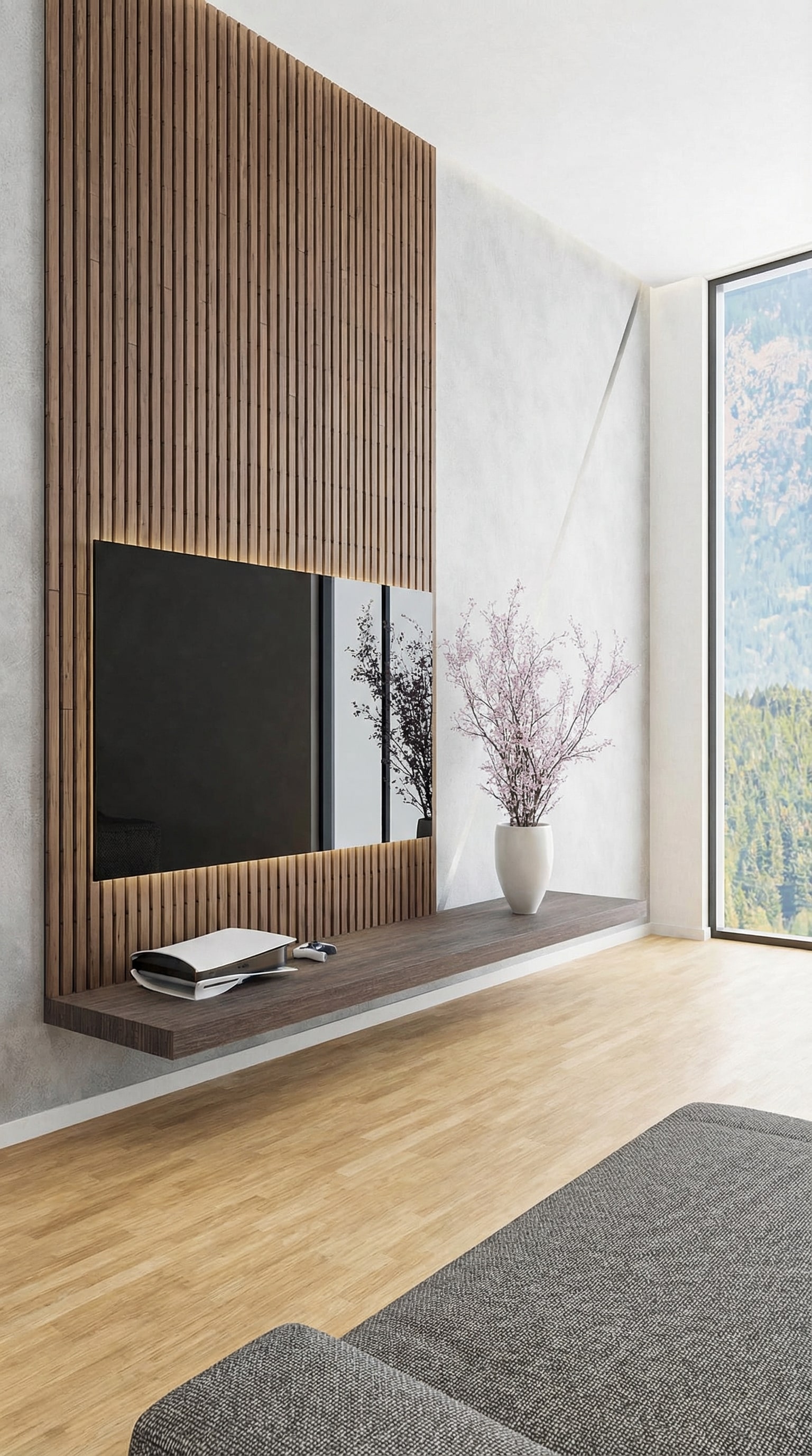 Minimalistisch wandmeubel onder een televisie zonder zichtbare kabels