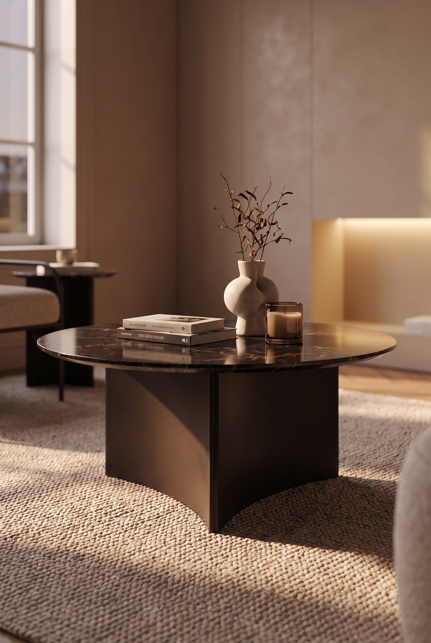 Vue d&eacute;taill&eacute;e de la table basse Livitalia Fiocco avec pi&egrave;tement m&eacute;tallique en forme de p&eacute;tale