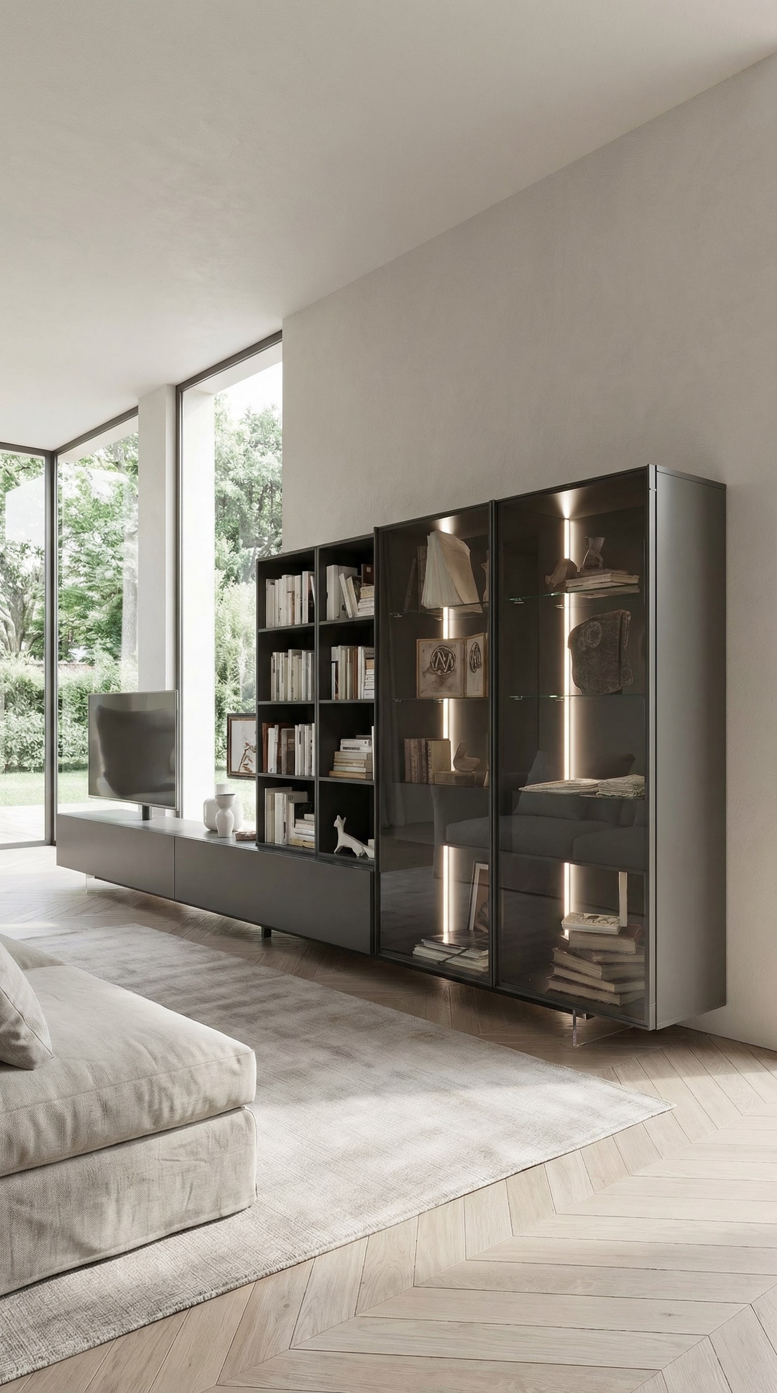 Livitalia Wohnwand C43 mit großzügigem Vitrinenelement aus Rauchglas und integrierter Innenbeleuchtung Livitalia Wohnwand C43 mit großzügigem Vitrinenelement aus Rauchglas und integrierter Innenbeleuchtung