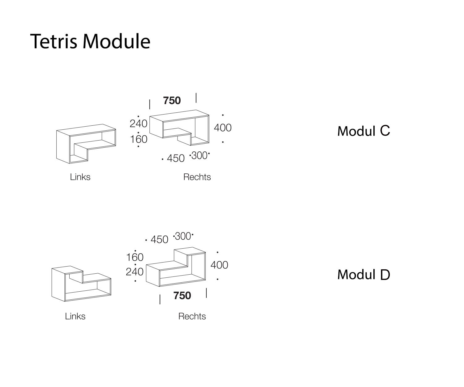 Tetris Design vrijhangende planken C en D schetsafmetingen