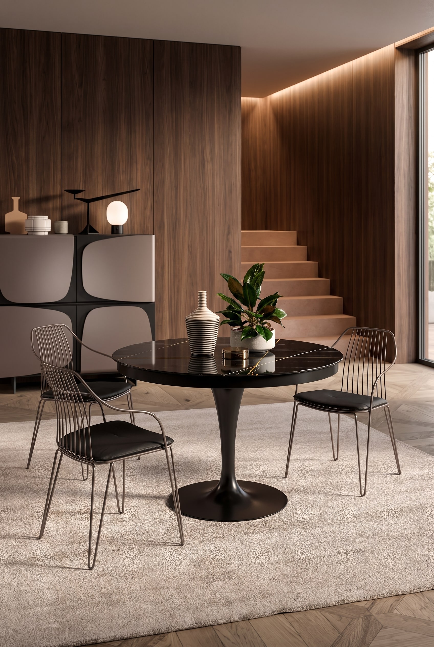 Wohnliches Esszimmer mit einem runden Esstisch in schwarzer Marmor-Optik, zentralem Tulpenfuß und feinen Metallstühlen