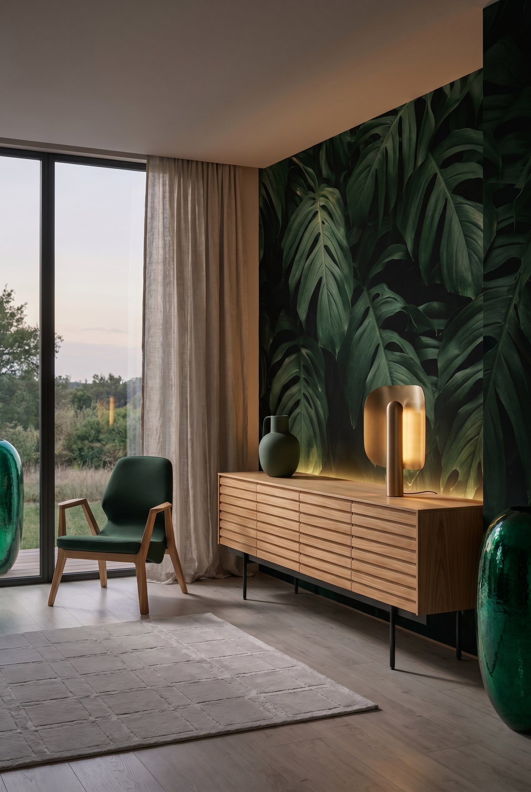 Salon luxueux dans la p&eacute;nombre avec un buffet en bois cannel&eacute;, un vase en c&eacute;ramique vert fonc&eacute; mat et un &eacute;clairage indirect chaleureux