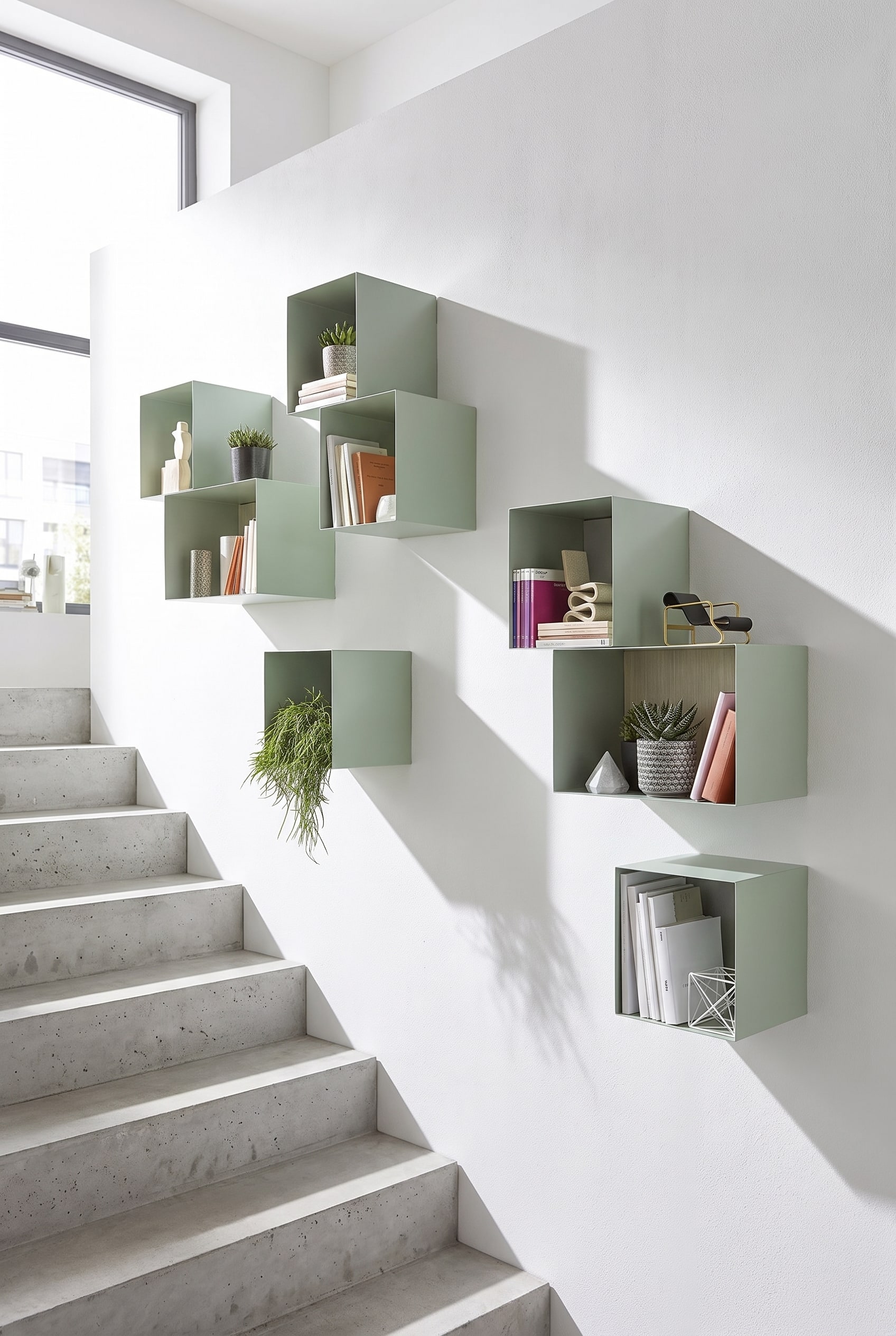 Boîtes murales métalliques décalées sur un grand mur au-dessus de la montée d'escalier, décorées de petits livres