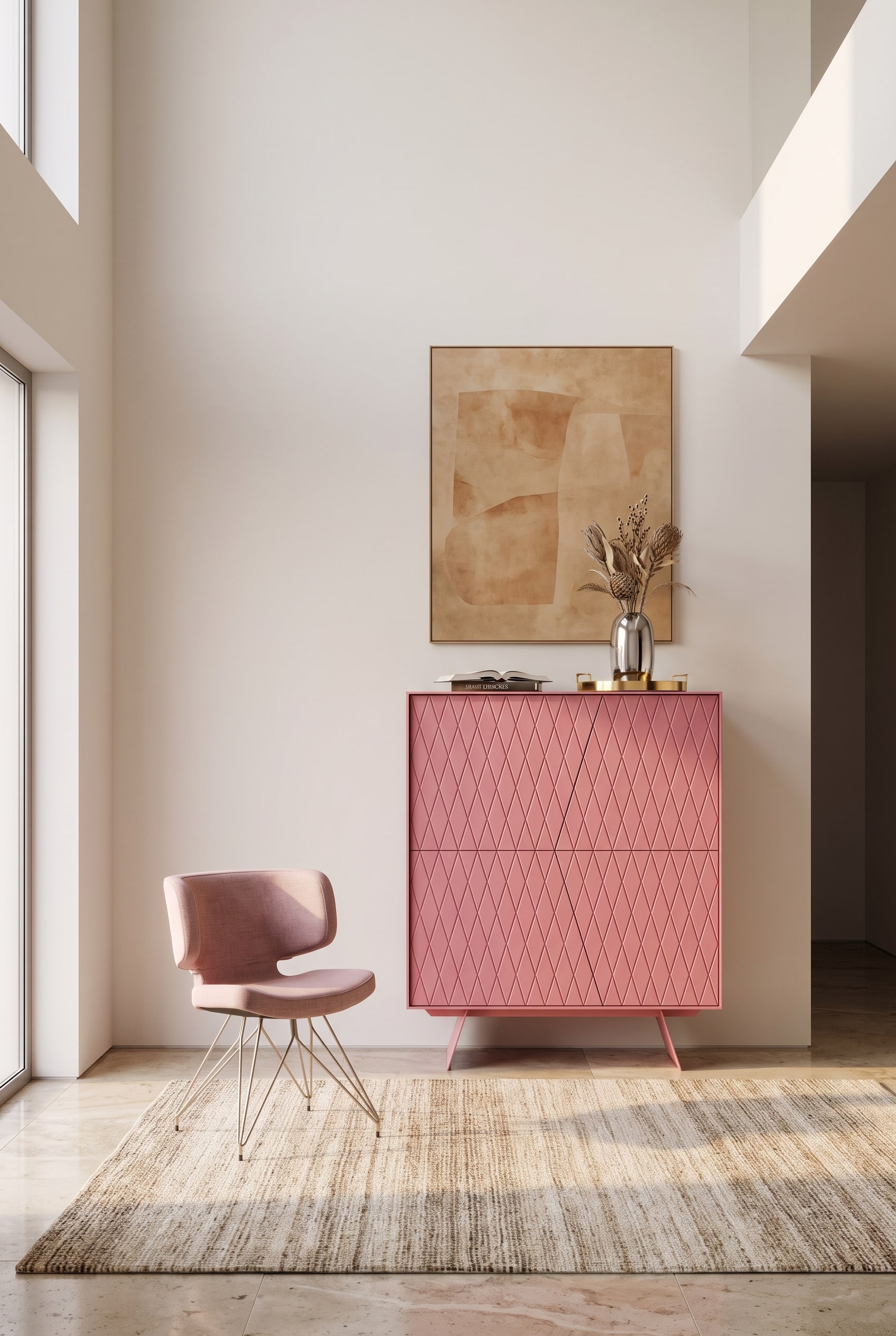 Magnifique highboard en bois avec façades cannelées, qui crée une atmosphère chaleureuse et une meilleure acoustique dans une grande pièce