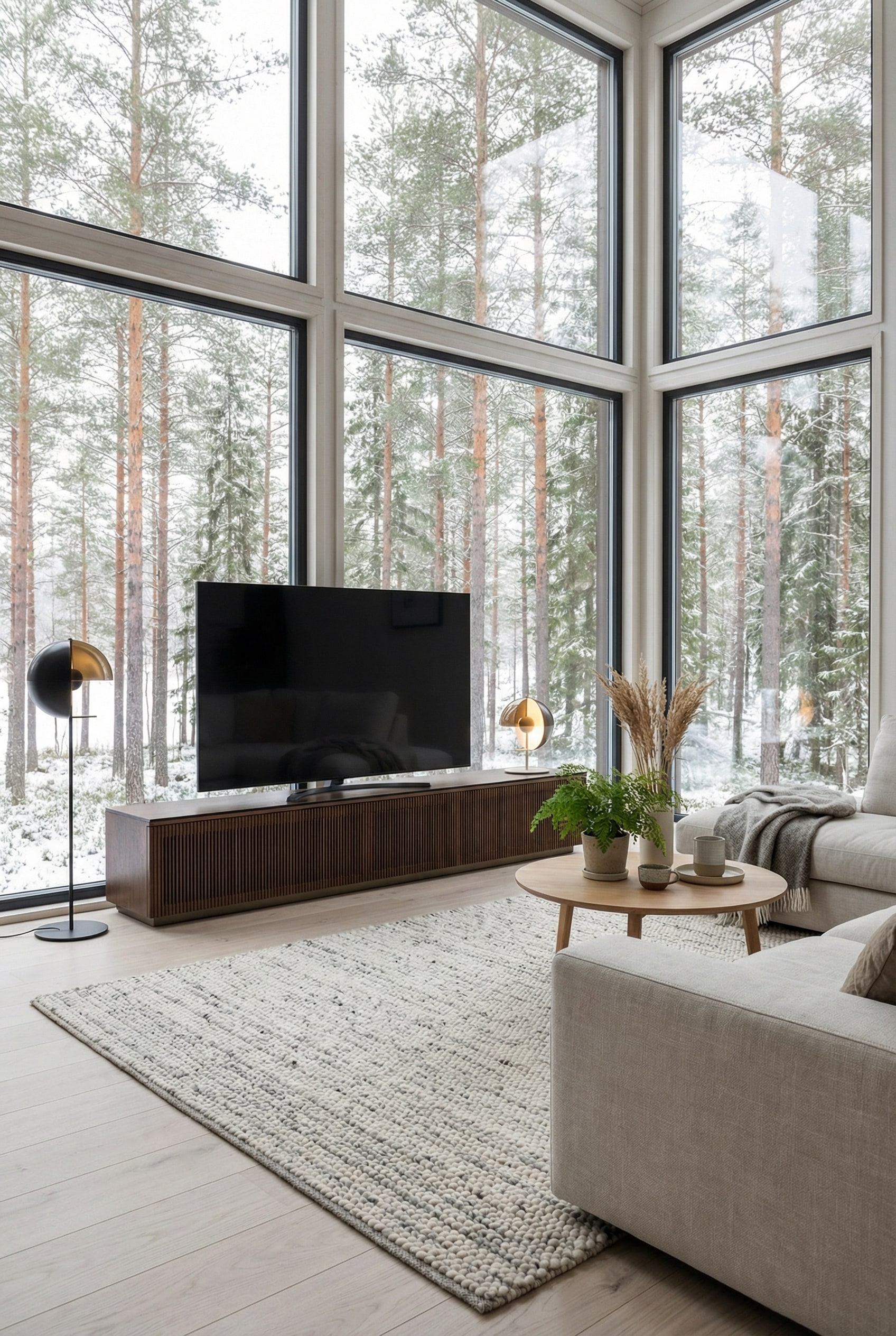 Scandinavisch tv-lowboard van licht hout met lamellen-schuifdeuren Scandinavisch tv-lowboard van licht hout met lamellen-schuifdeuren