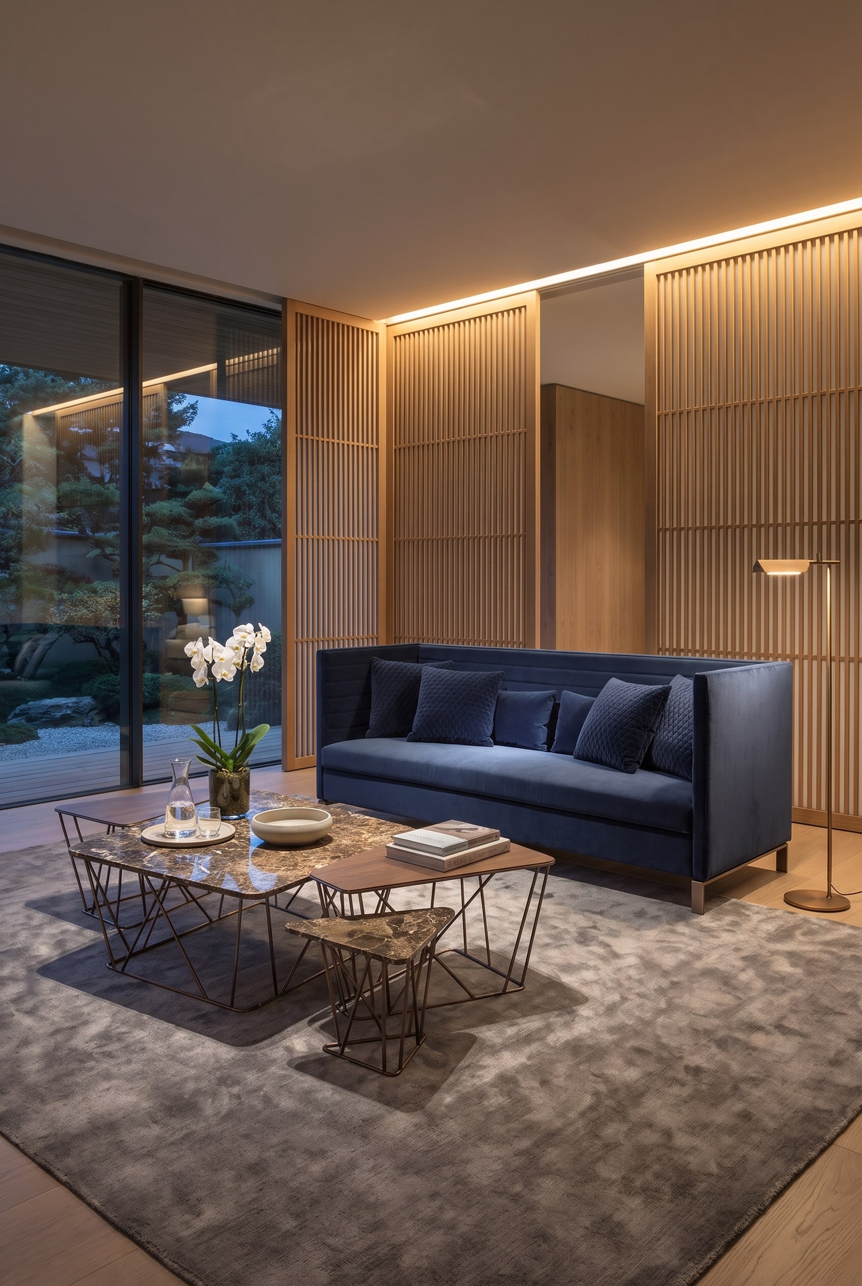 Grand salon avec un canapé bleu foncé aux surpiqûres verticales marquées, entouré d'éléments en bois