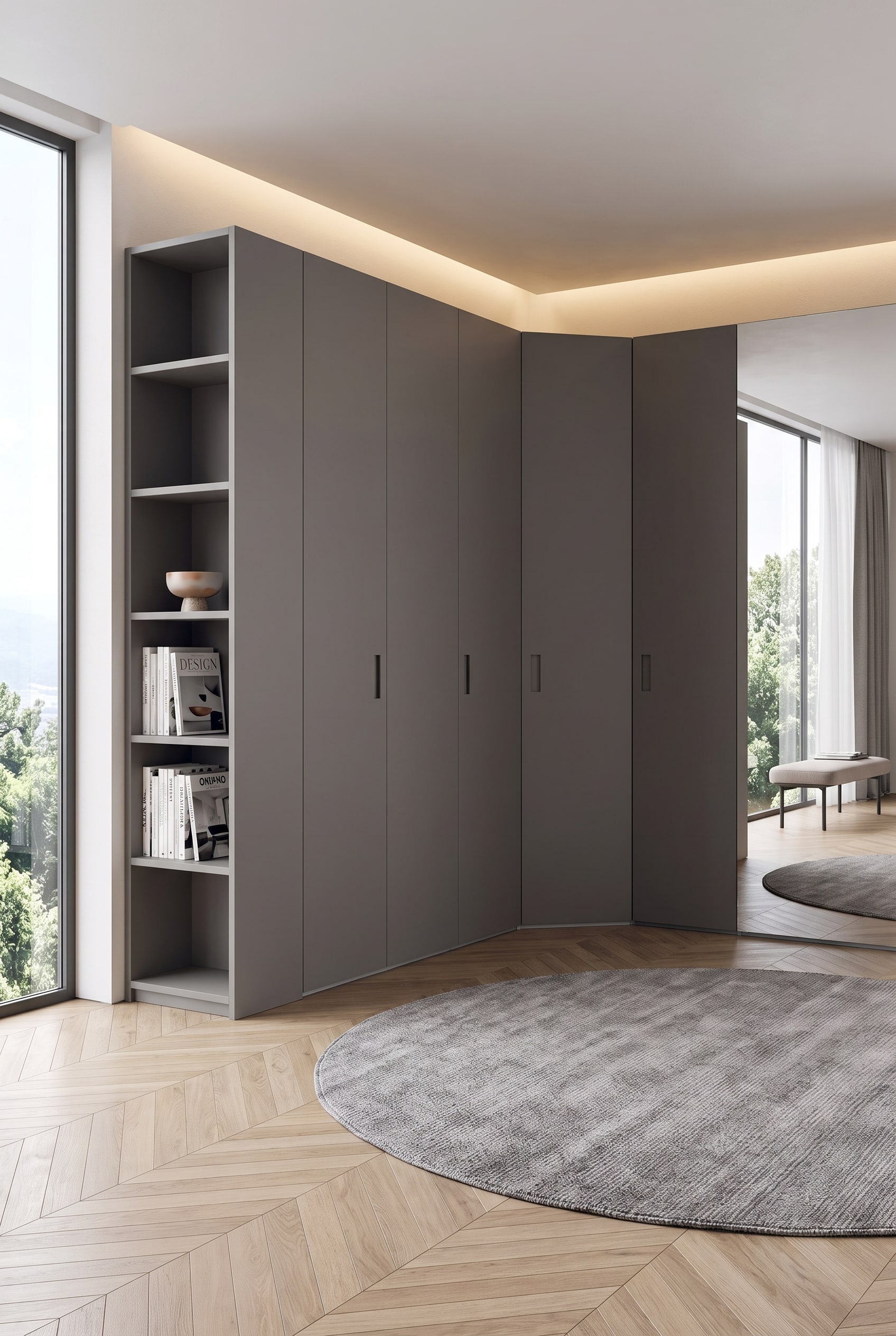Dressing moderne avec armoire d'angle en L en gris mat, &eacute;tag&egrave;re ouverte int&eacute;gr&eacute;e et un tapis rond