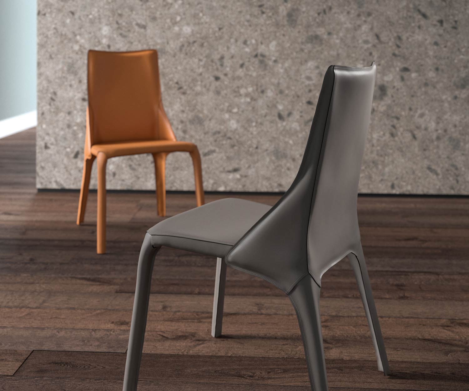 Design leren stoel twee leren stoelen in detail in de kleuren cognac en donkergrijs