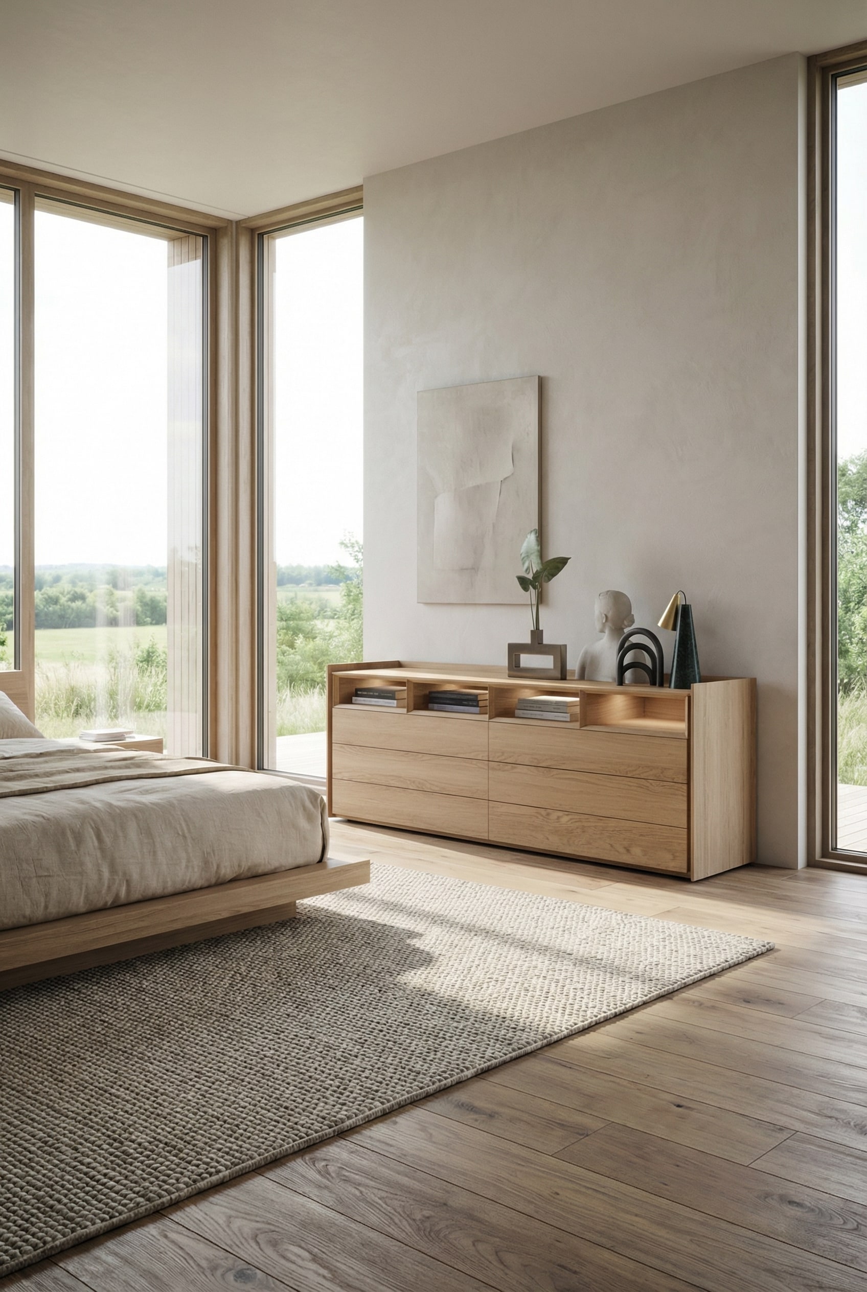 Greeploze Novamobili Commode Sly in een rustige, opgeruimde slaapkamer.