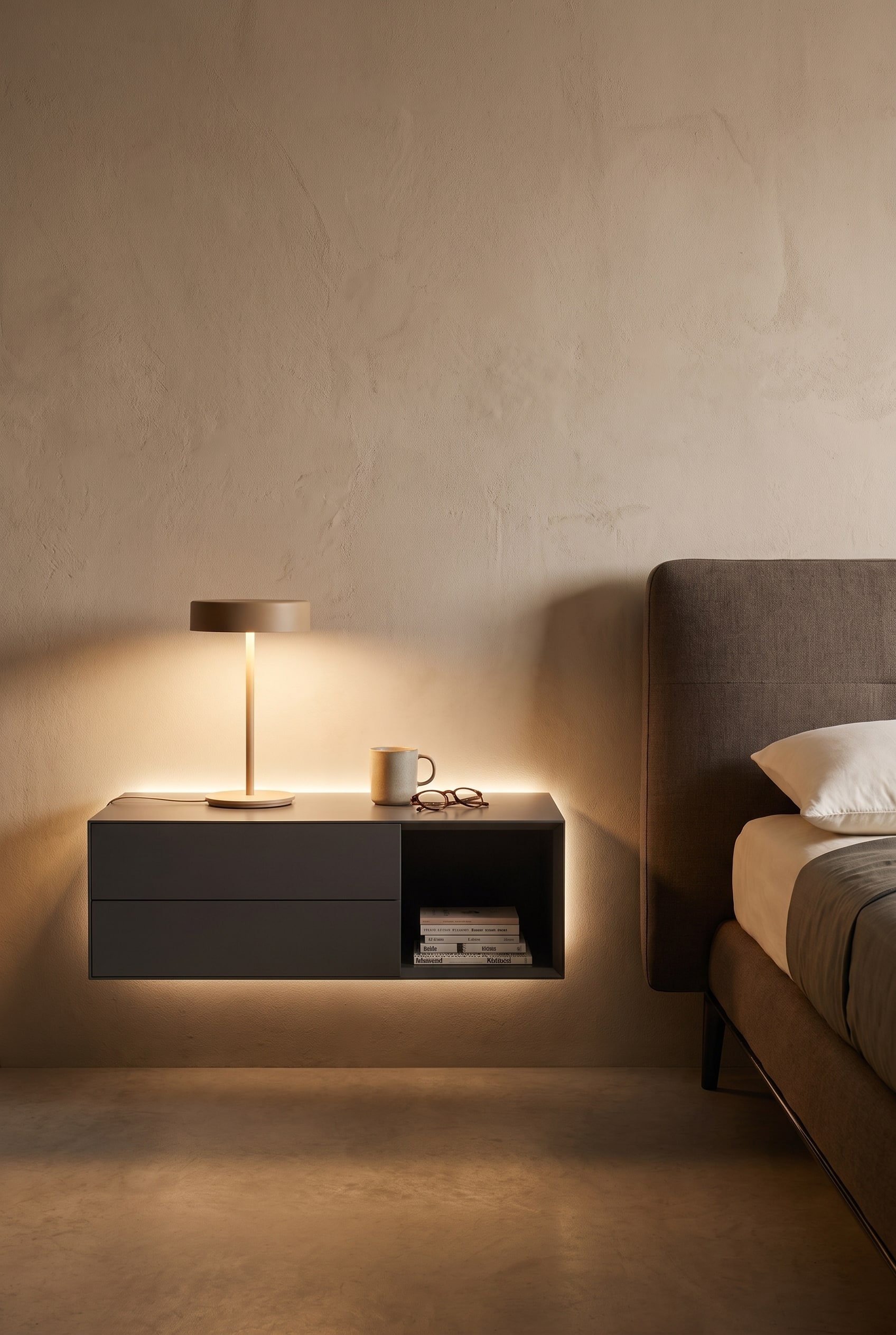 Chambre compacte avec mur &eacute;clair&eacute; indirectement et la table de chevet flottante Livitalia Ecletto Open