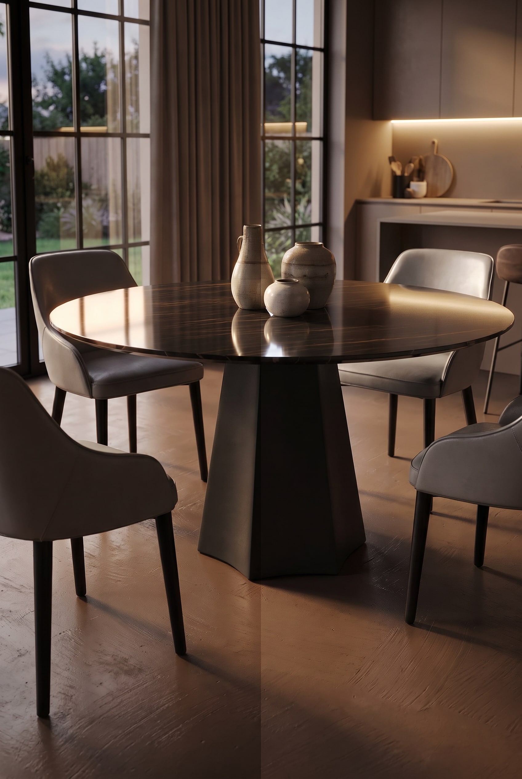 La combinaison de matériaux en céramique brillante et métal laqué marron sur la table à manger Poliedro.