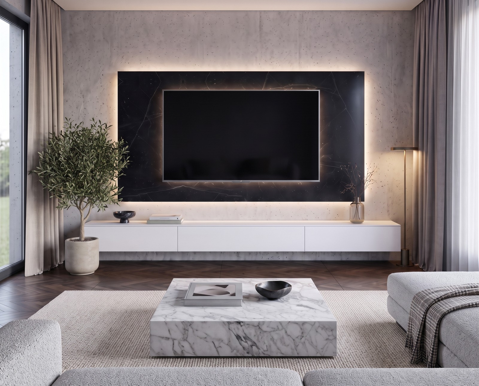 TV Paneel Keramik Schwarz B 240 cm an einer Sichtbetonwand