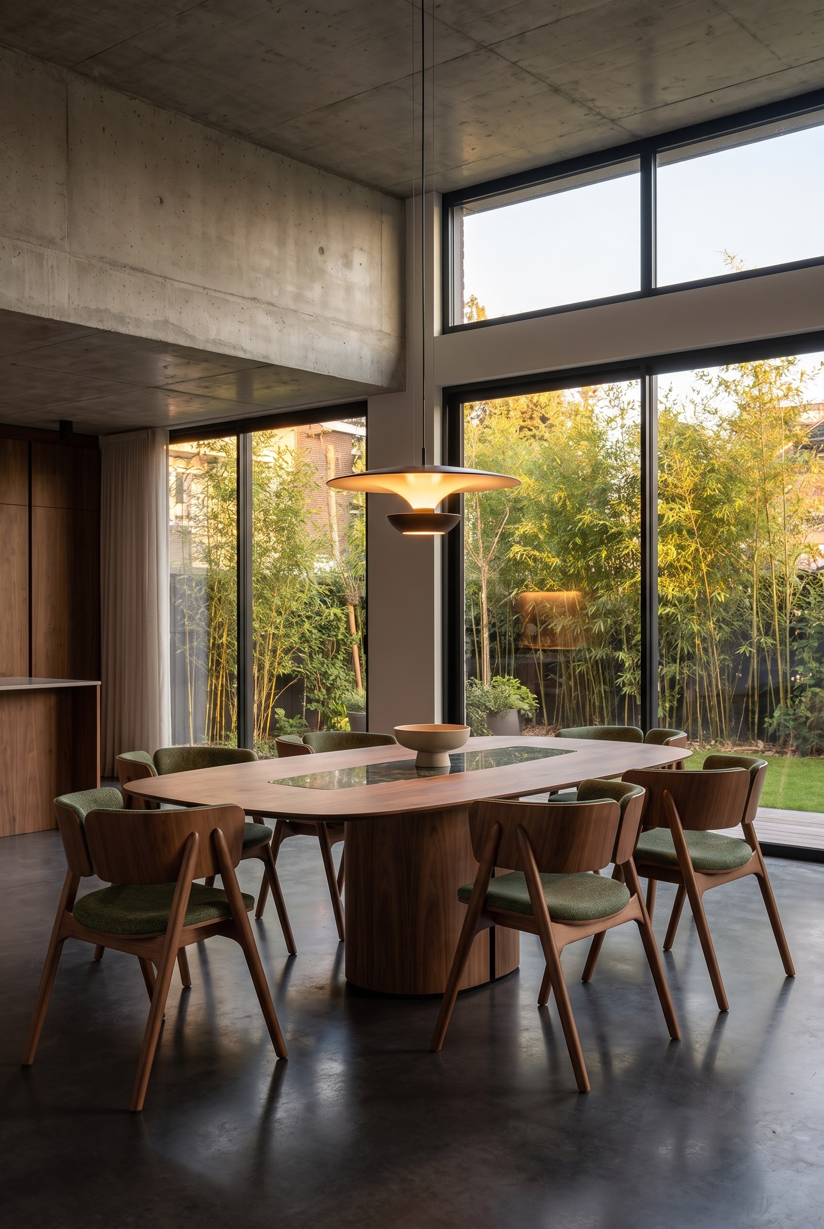 Une table &agrave; manger architecturale avec un pi&egrave;tement sculptural en bois dans une cuisine-salon ouverte et spacieuse, qui agit comme un s&eacute;parateur d'espace.