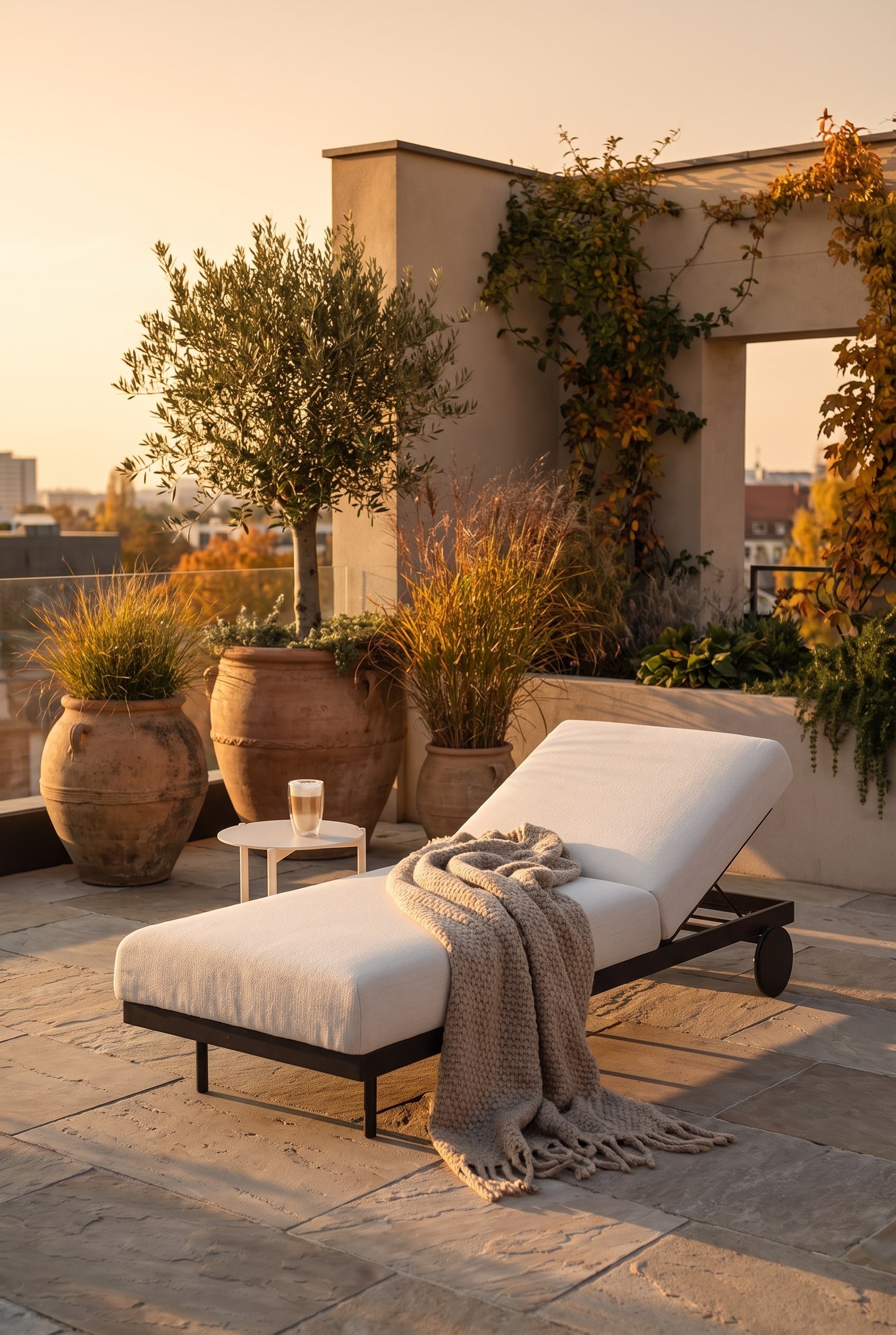 &Eacute;l&eacute;gante chaise longue de jardin blanche en aluminium avec roulettes int&eacute;gr&eacute;es sur un sol en pierre naturelle &agrave; c&ocirc;t&eacute; de plantes