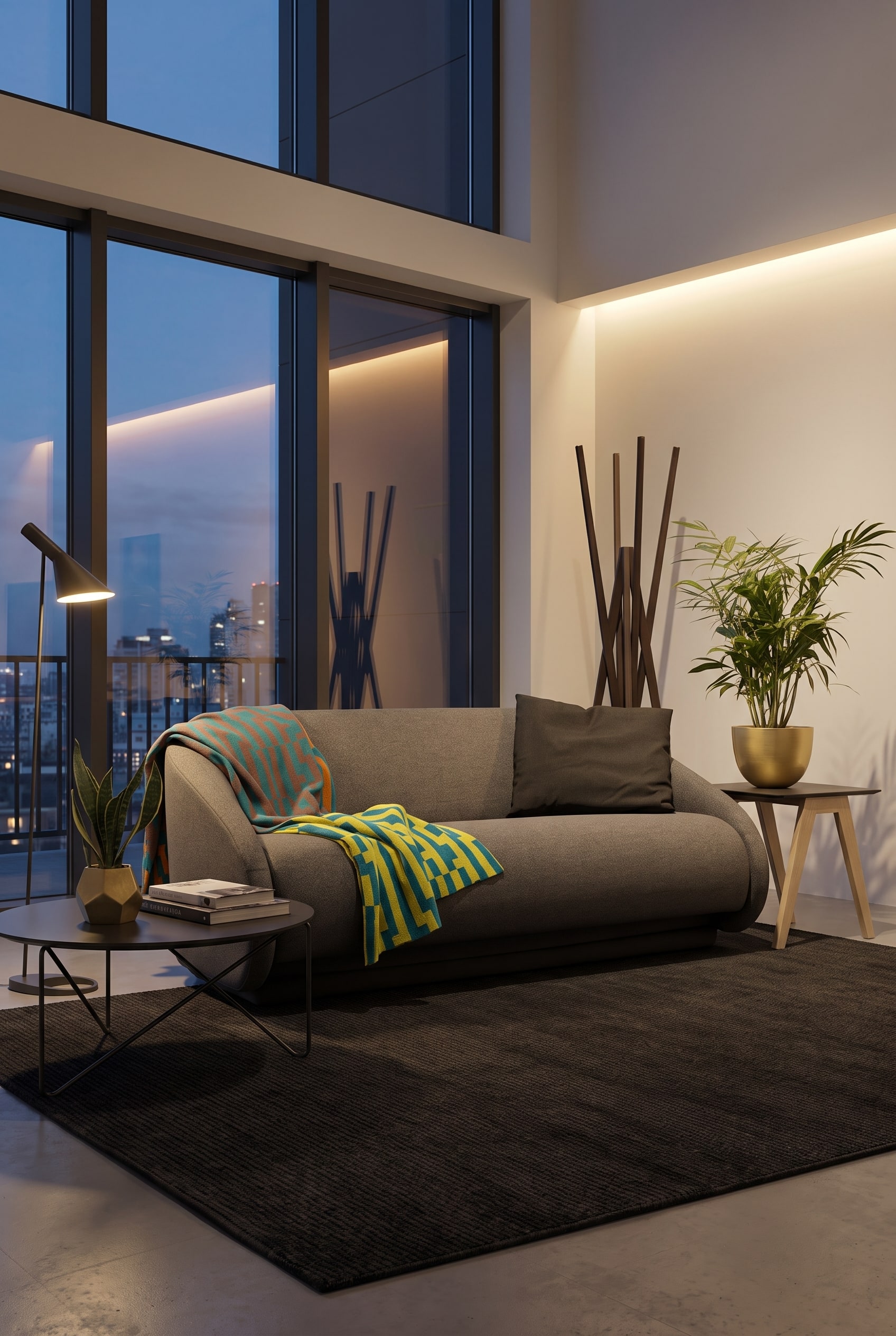 Canap&eacute;-lit compact et moderne en gris avec accoudoirs ronds, combin&eacute; &agrave; un tapis en feutre jaune et des coussins d&eacute;coratifs