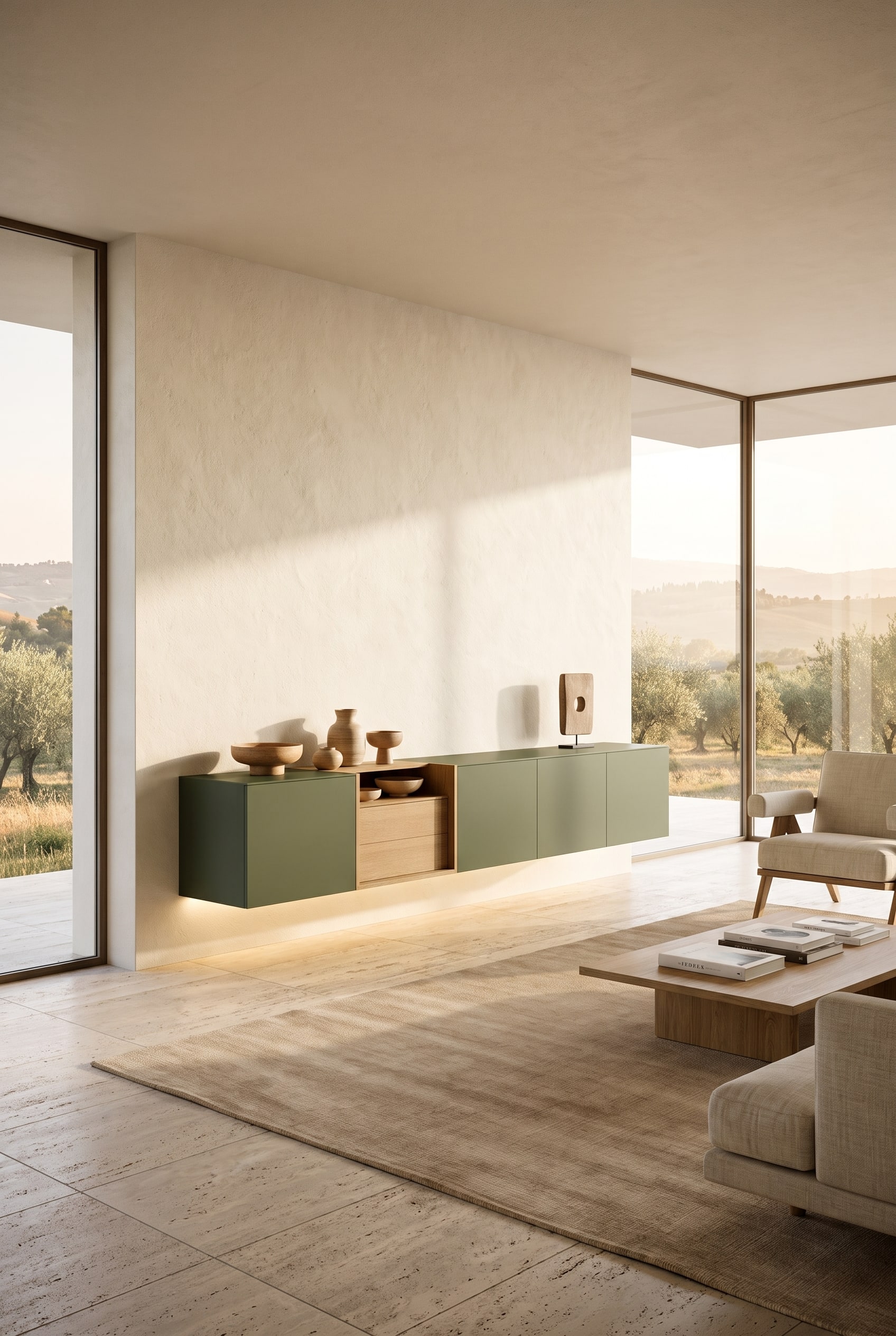 Salon moderne avec un buffet mural flottant en vert olive avec des &eacute;l&eacute;ments en bois et une coupe en c&eacute;ramique bomb&eacute;e
