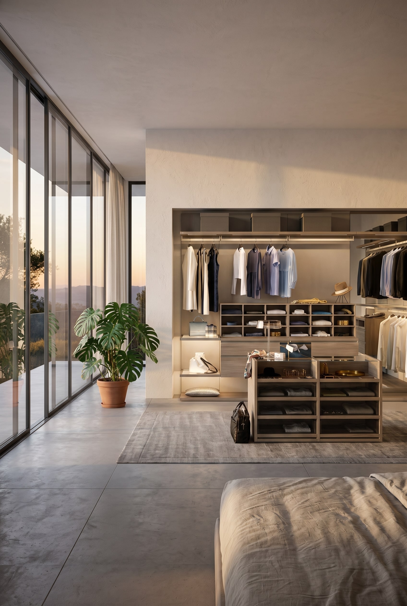 Armoire transparente avec de nobles fa&ccedil;ades en verre comme s&eacute;parateur de pi&egrave;ce autoportant dans une chambre moderne
