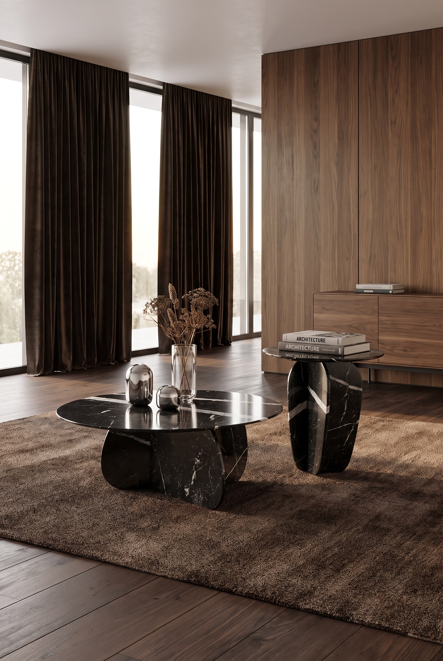 Table basse massive en marbre fonc&eacute; avec un veinage prononc&eacute; au centre d'un salon r&eacute;tro-luxe minimaliste