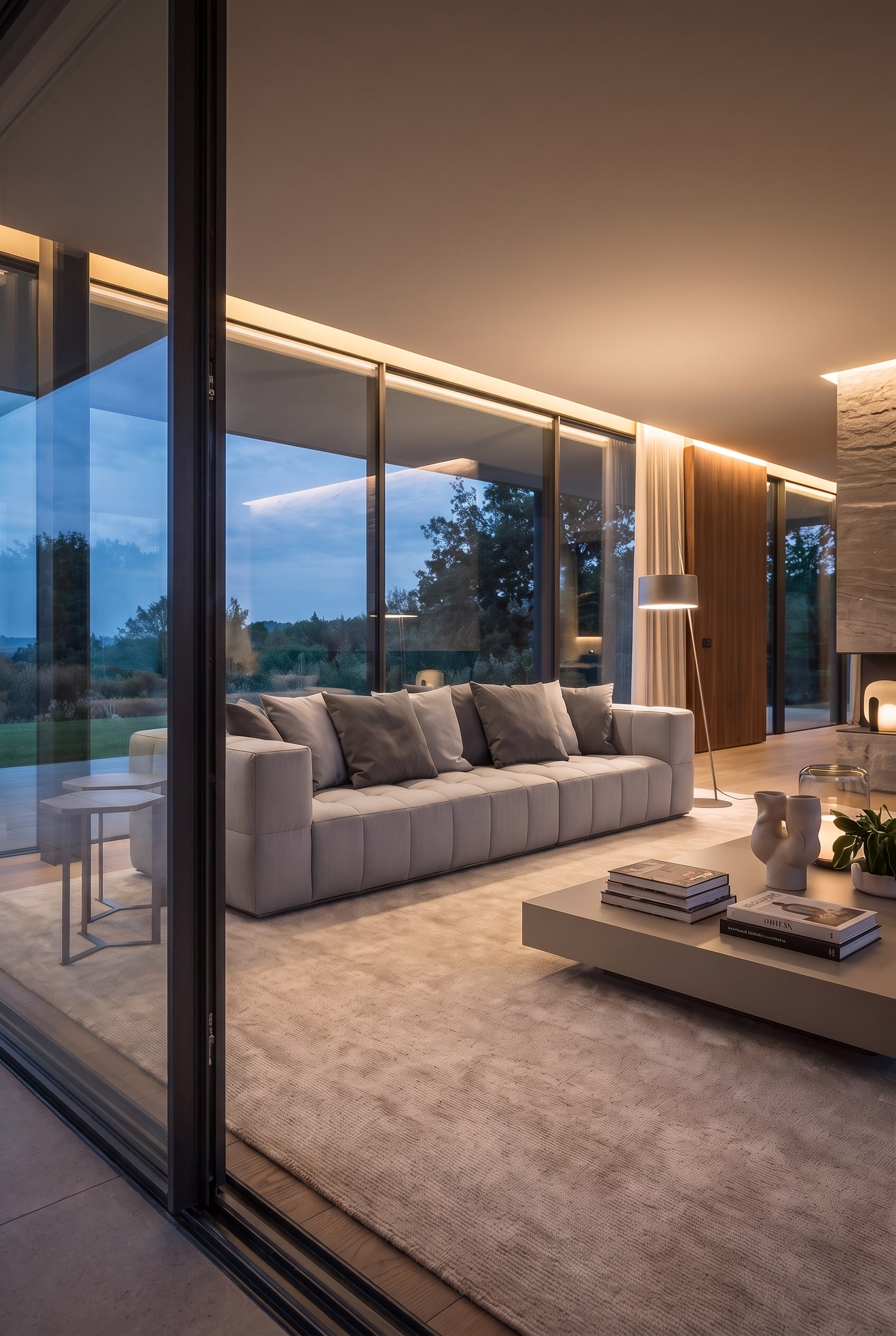 Salon italien moderne avec éclairage indirect. Un tapis clair surdimensionné encadre harmonieusement le canapé modulaire gris.